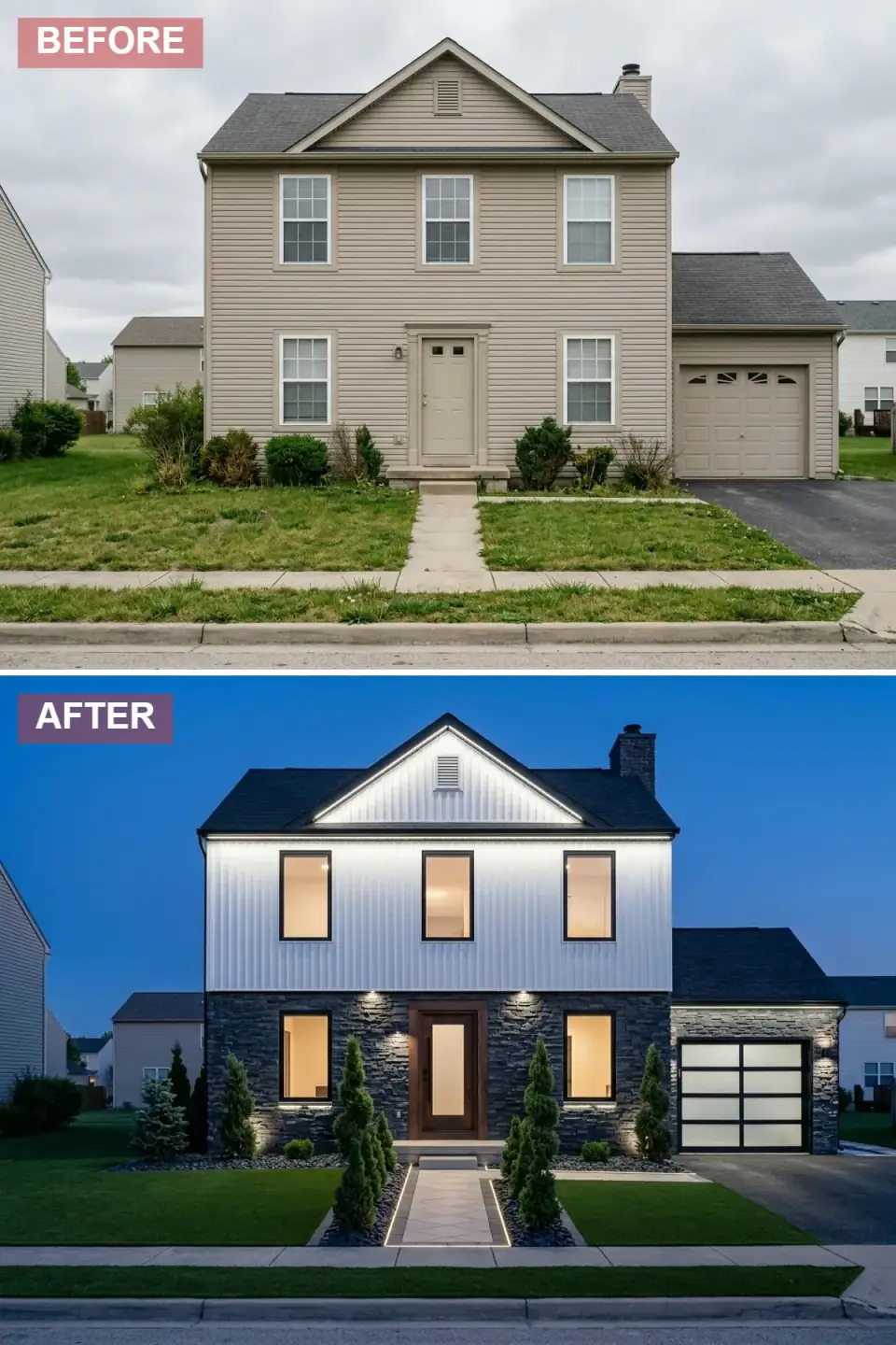 Modern nighttime curb appeal exterior with architectural LED strip lighting tracing the roofline, integrated path lighting in walkway and garden beds, white vertical metal siding upper story, dark stacked stone lower level, frosted-glass wood entry door glowing warmly, backlit garage door glass panels, and tall spiral junipers in dark gravel.