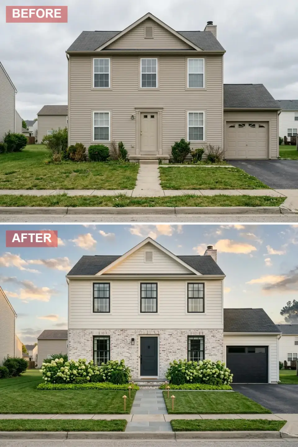 Modern farmhouse exterior split between creamy white clapboard siding above and freshly whitewashed brick below, charcoal classic-paneled front door, dark garage door with small top windows, symmetrical green hydrangea masses, low boxwood hedge, gray stone paver walkway with brass path lights, and a painted white chimney.