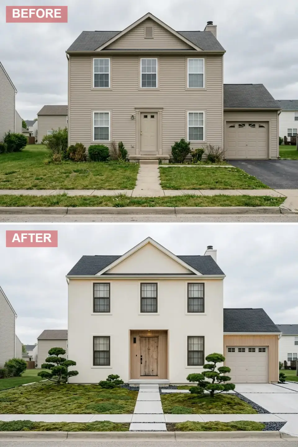 Japanese zen minimalist exterior with smooth off-white stucco walls, natural cedar slat entry surround and garage accent, dark-framed windows, moss groundcover replacing lawn, cloud-pruned pines, and black river rock edging.