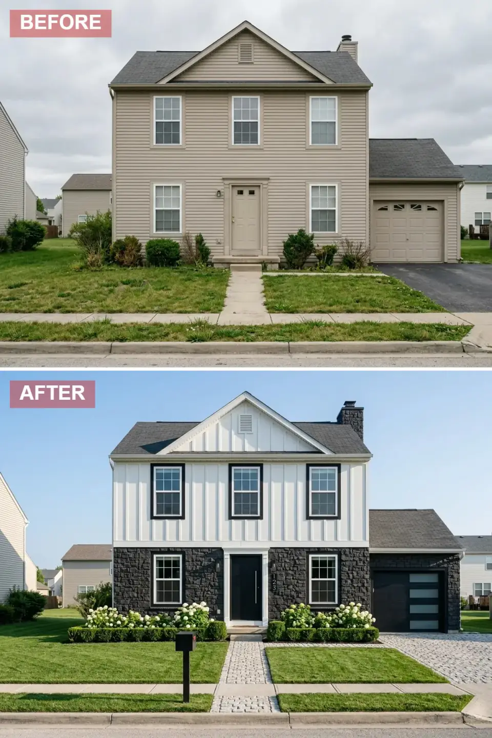High-contrast modern farmhouse exterior split between white vertical board-and-batten upper story and charcoal rough-hewn stone lower level, with black entry door, white hydrangeas, boxwood hedges, cobblestone walkway, and a black garage door with frosted glass panels.
