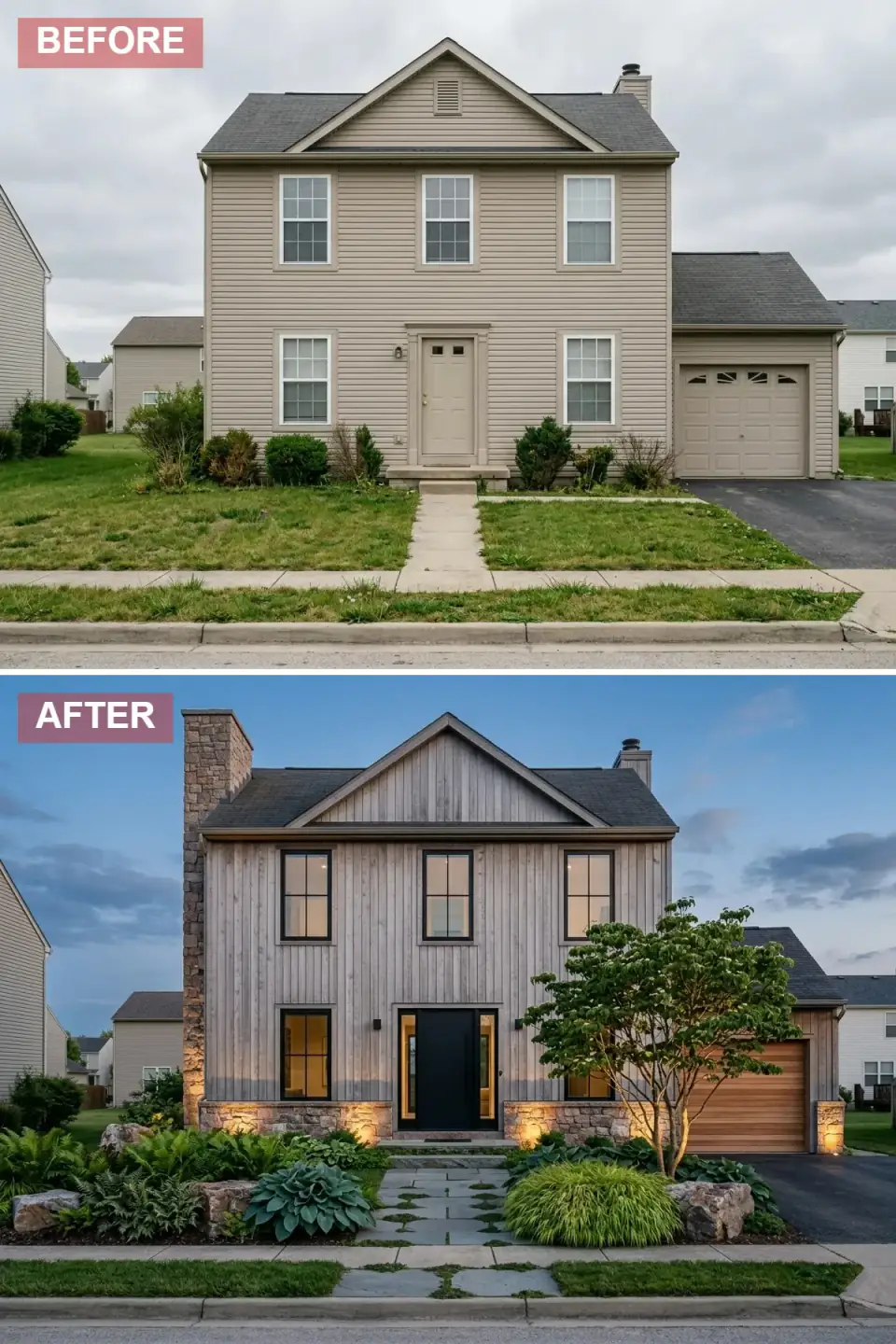 Rustic modern woodland exterior in silvered weathered natural cedar planks with a rugged fieldstone chimney and base, black front door with sidelights, ferns and hostas, mature deciduous tree with boulders, flagstone pavers with moss joints, and horizontal-slat wood garage door.