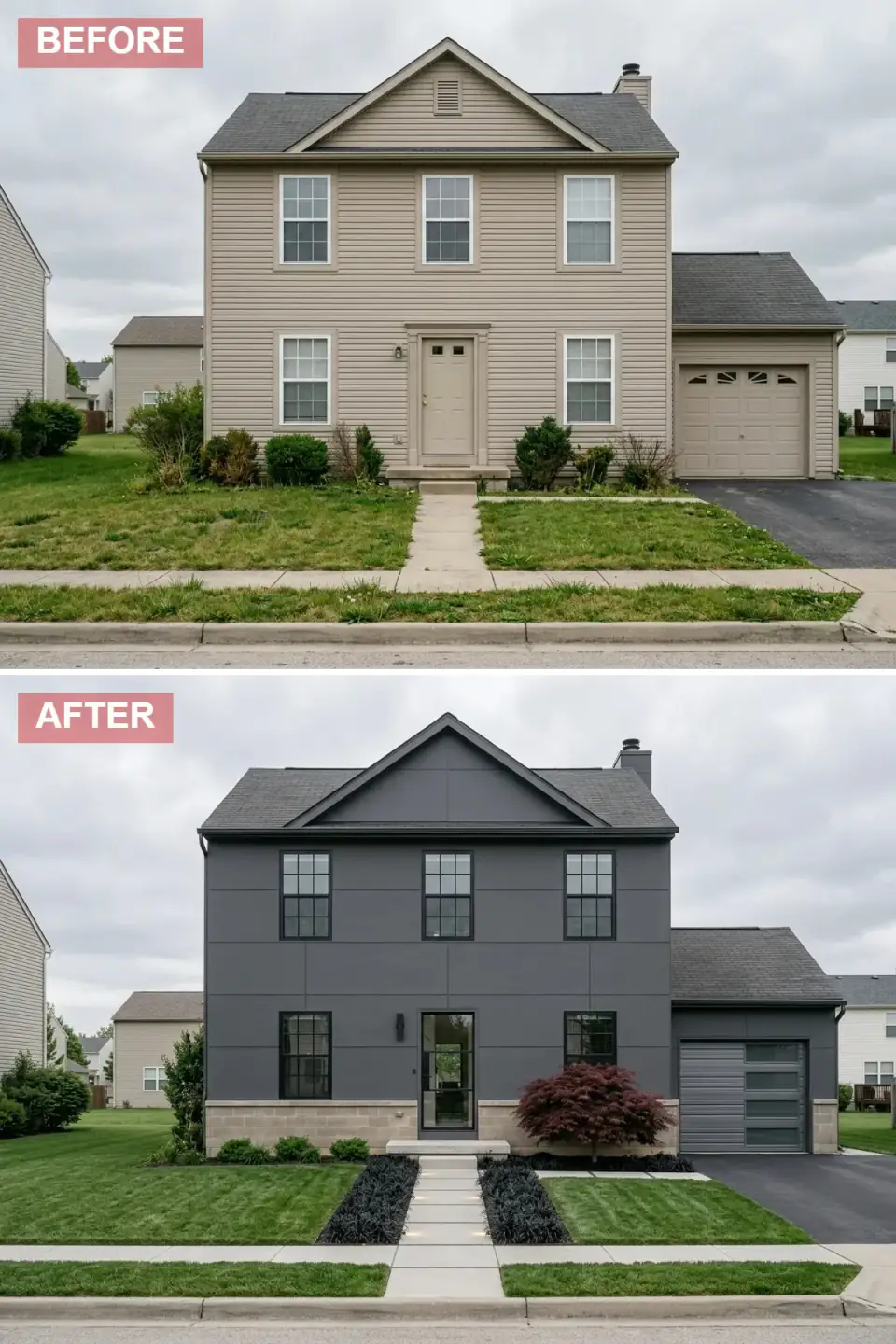 Minimalist contemporary exterior in dark charcoal fiber-cement panels with matching dark trim rendered as a single sculptural mass, light limestone base, glass entry door, modern horizontal-glass garage door, rigid rows of ornamental grasses, and a singular burgundy Japanese maple.