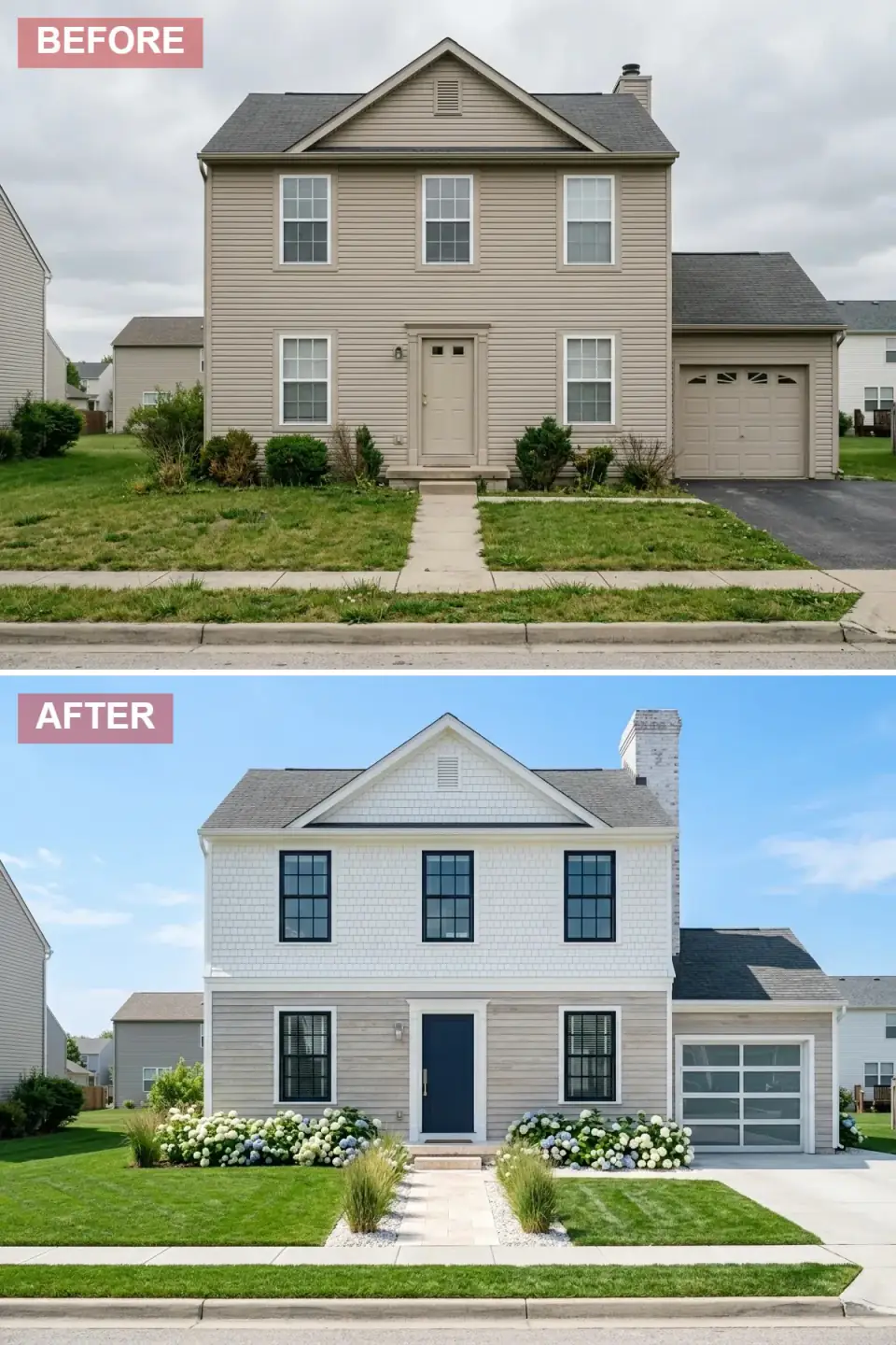 New England coastal cottage exterior with white cedar shingles on the upper story, soft gray horizontal siding below, navy front door, black-framed windows with traditional muntins, frosted-glass garage door, lush blue and white hydrangea hedges, ornamental grasses, and white gravel borders.
