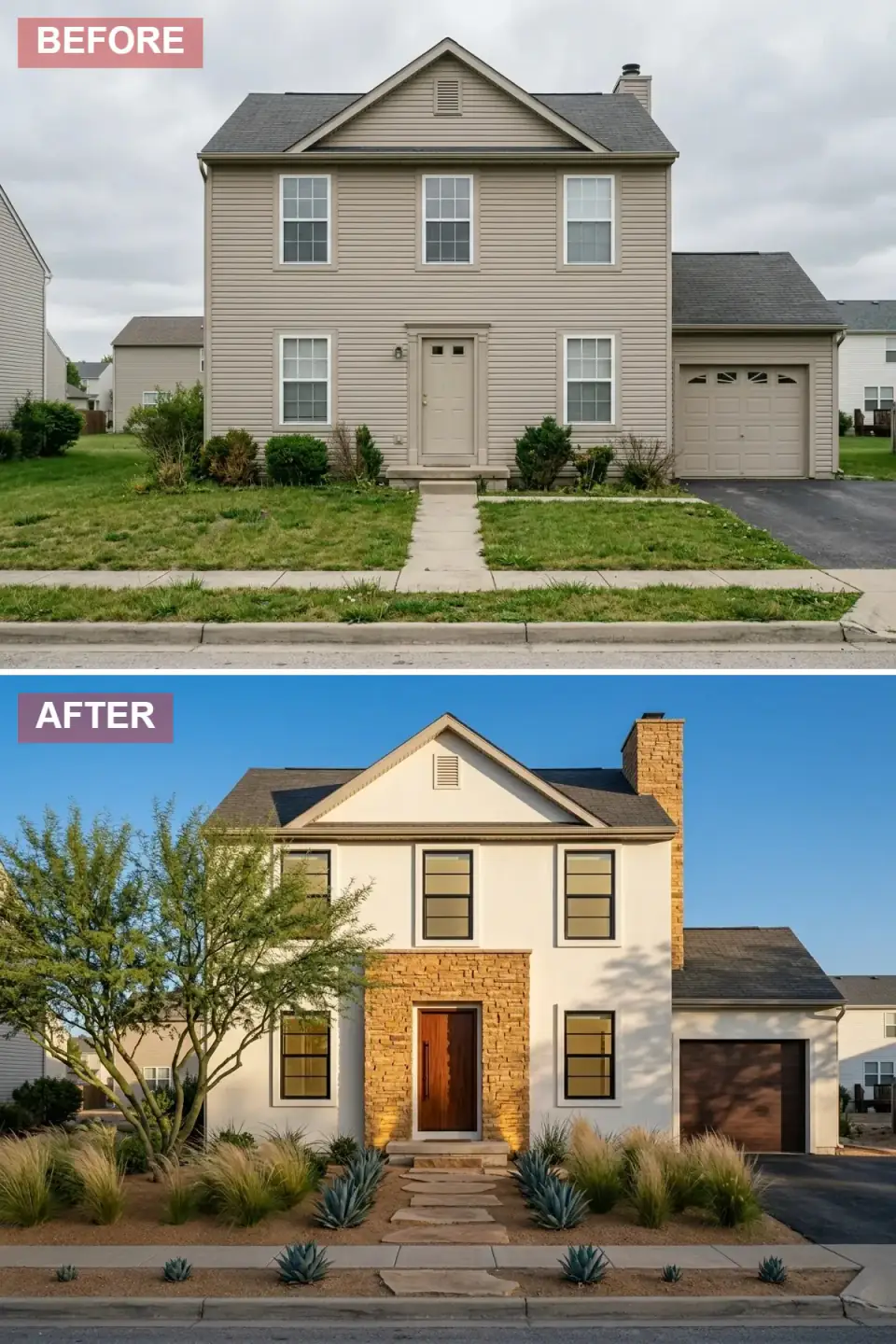 Southwest desert modern exterior in clean white stucco with a honey-toned stacked stone chimney and entry surround, mahogany vertical-grain front door, black-framed windows with horizontal muntins, agave and feather grass over decomposed granite, irregular flagstone steppers, and a sculptural mesquite tree.