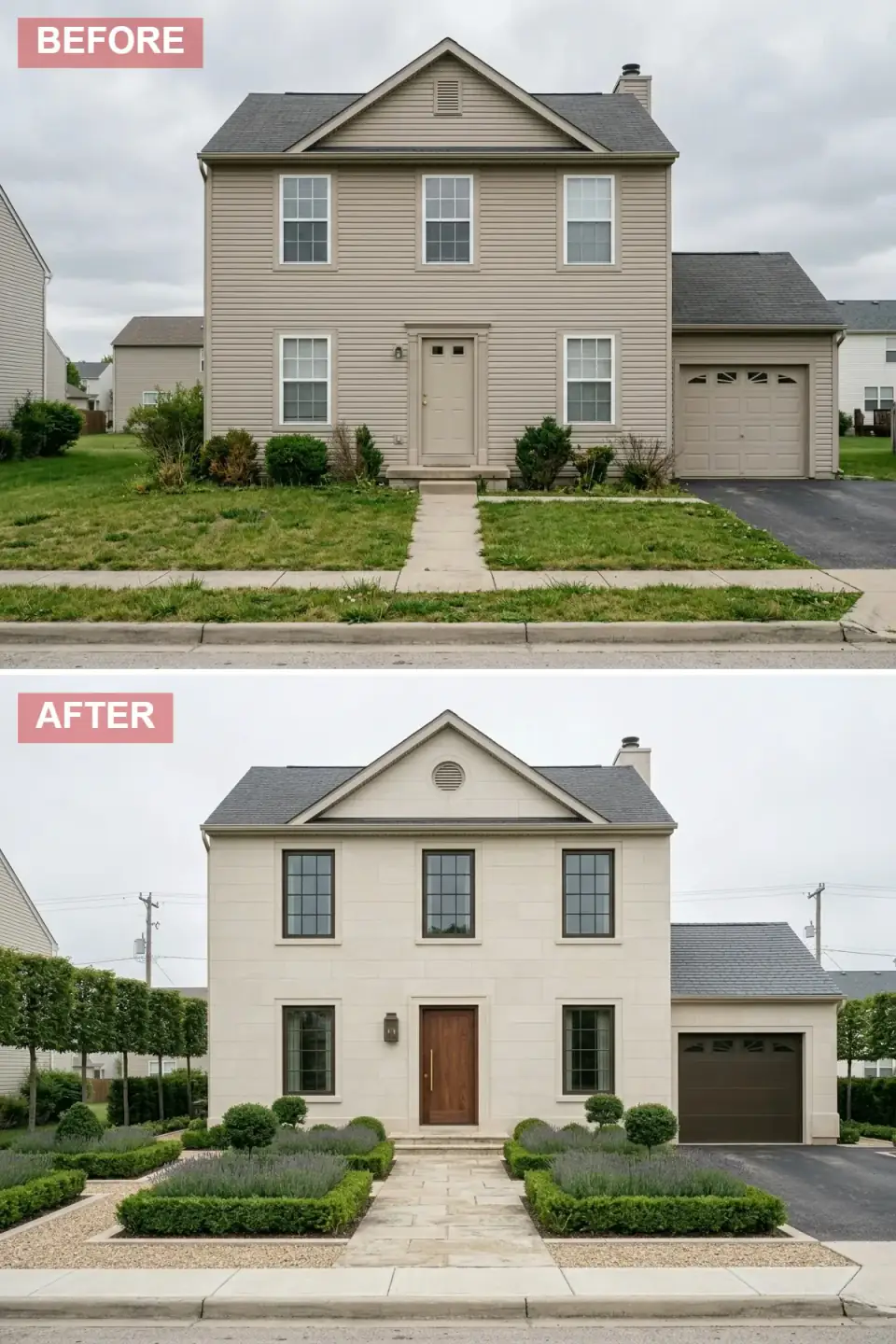 French manor exterior reimagined with smooth cream limestone block cladding, dark walnut entry door with brass handle, dark-framed windows, formal parterre garden of lavender beds edged in clipped boxwood, gravel walks, pleached trees forming a green hedge wall, and topiary spheres.