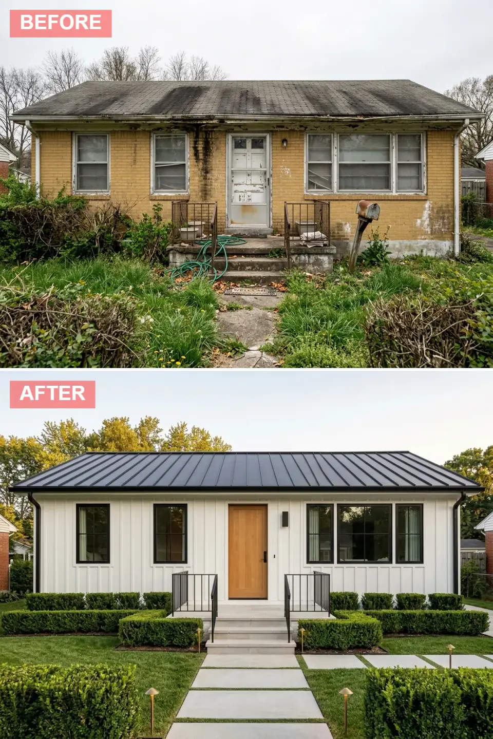 Single-story ranch house refaced in white vertical board-and-batten siding with a black standing-seam metal roof, black-framed windows, white oak entry door and clipped boxwood parterre along a gridded paver walk