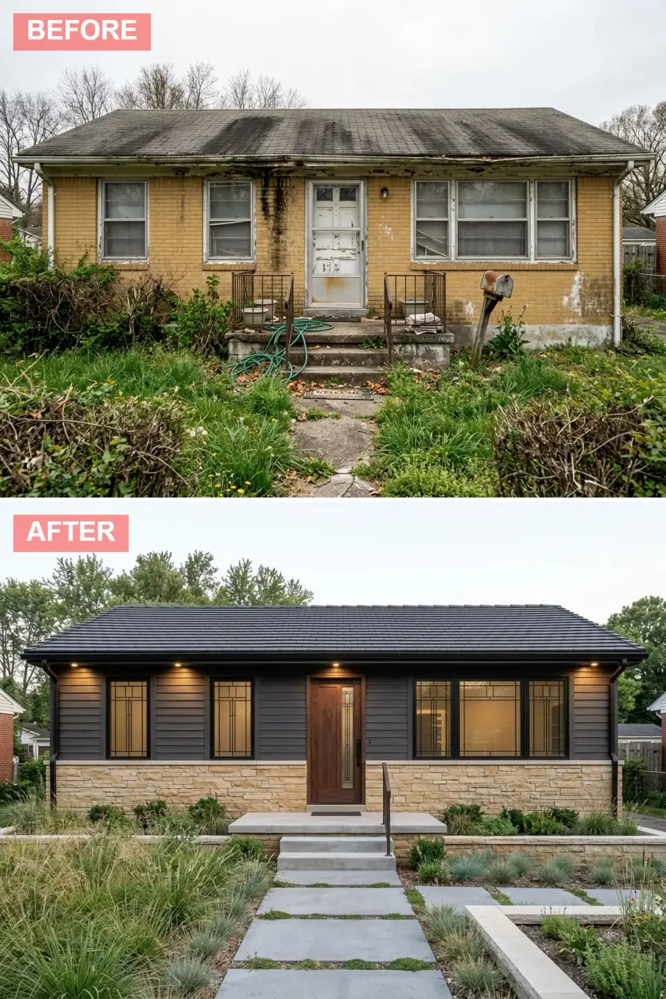 Ranch with tan ledgestone wainscot below graphite clapboard, deep-overhang shingle roof, bronze windows with Prairie art glass grilles, walnut door with art glass sidelight and a native meadow of grasses with concrete steppers