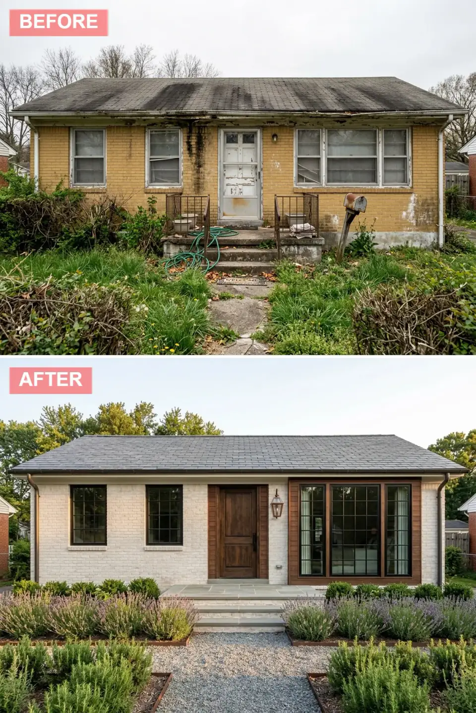 Ranch with original brick limewashed soft mottled white, grey shingle roof, black windows, walnut door and vertical wood slat accent wall, copper lantern and formal lavender parterres edged in rusted steel beside a gravel path