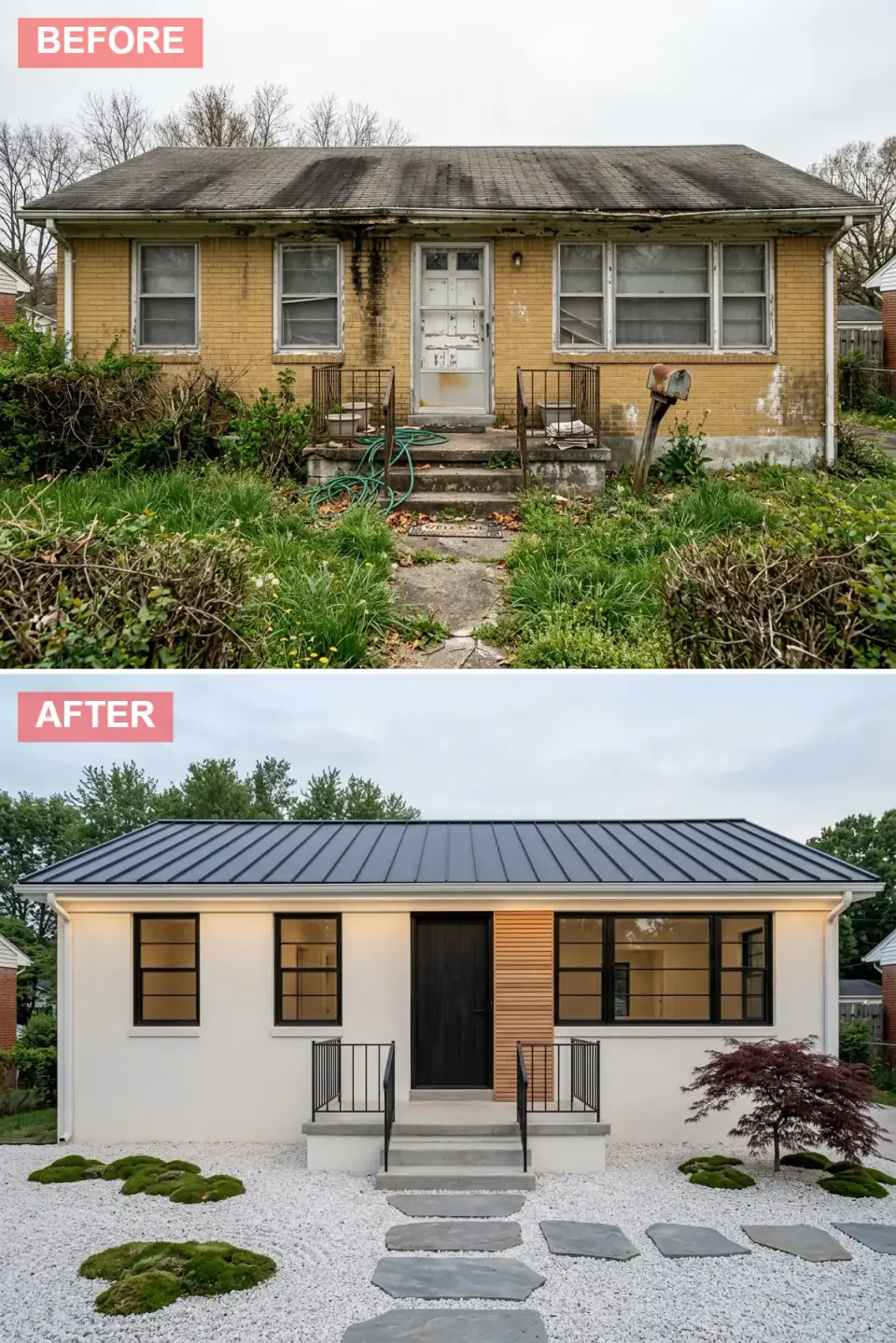 Ranch exterior wrapped in warm white stucco with black metal roof, cedar slat entry wall, black front door, white pebble dry garden with bluestone steppers and a single Japanese maple at dusk