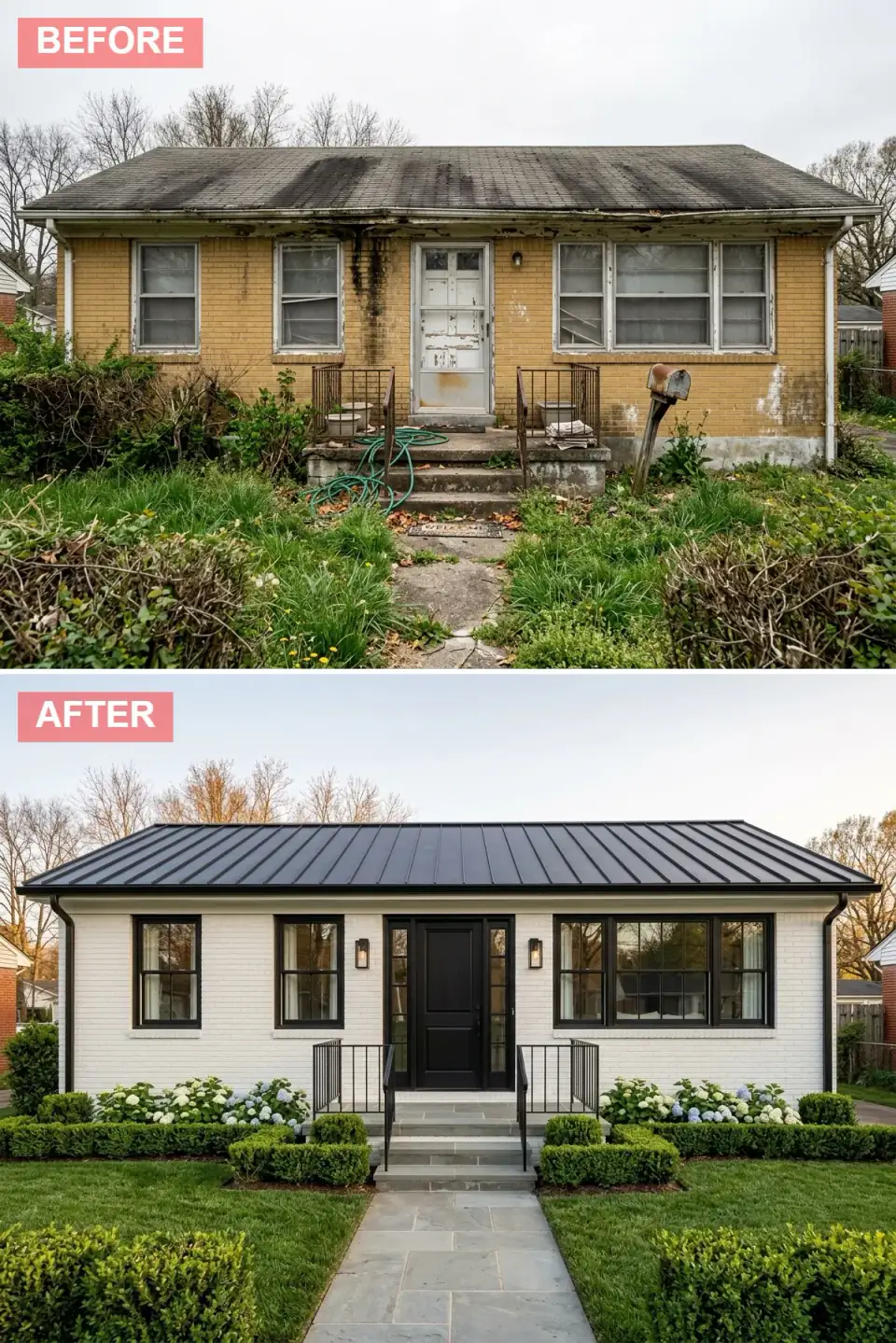 Ranch house with original brick painted soft gallery white, black standing-seam roof, black grid windows, black front door with sidelights, brass lanterns and bluestone steps through boxwood and blue hydrangeas