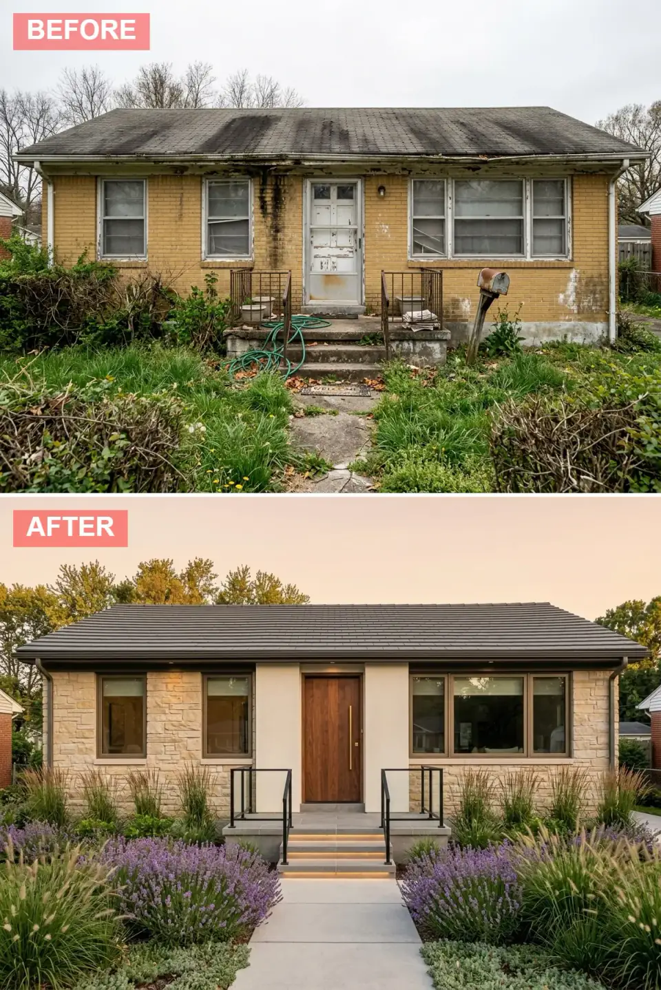 Ranch facade split between stacked limestone veneer and ivory stucco with charcoal shingle roof, bronze window frames, vertical grain wood door with brass pull and floating bluestone steps through lavender and ornamental grasses