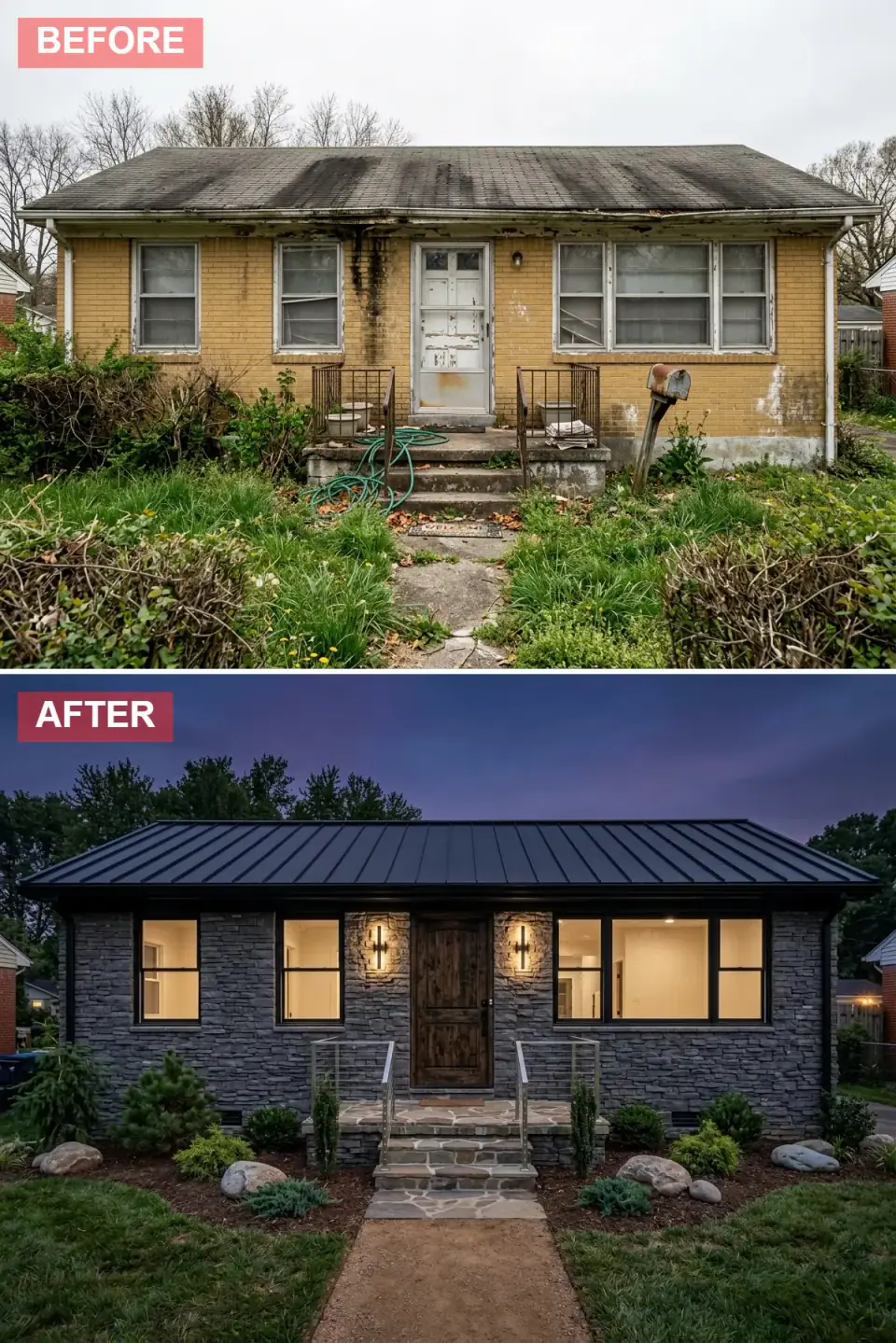 Ranch house clad entirely in charcoal ledgestone with black standing-seam roof, large black-framed windows glowing amber at dusk, carved dark wood plank door, steel cable railings and flagstone steps among evergreens and boulders