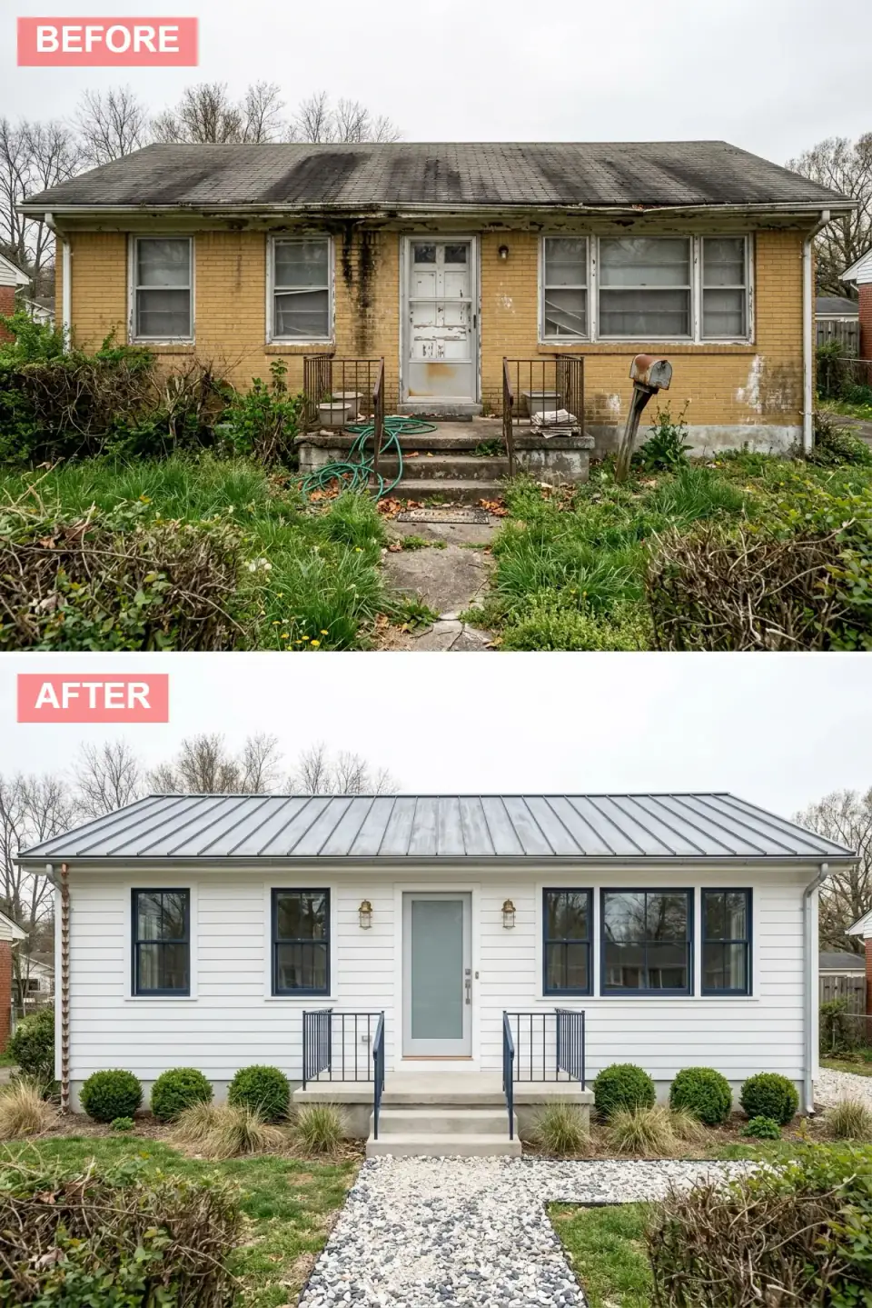 Ranch exterior in crisp white horizontal lap siding with galvanized standing-seam roof, navy blue window frames and railings, frosted sea glass front door, brass ship lanterns and boxwood spheres beside a mixed pebble walkway