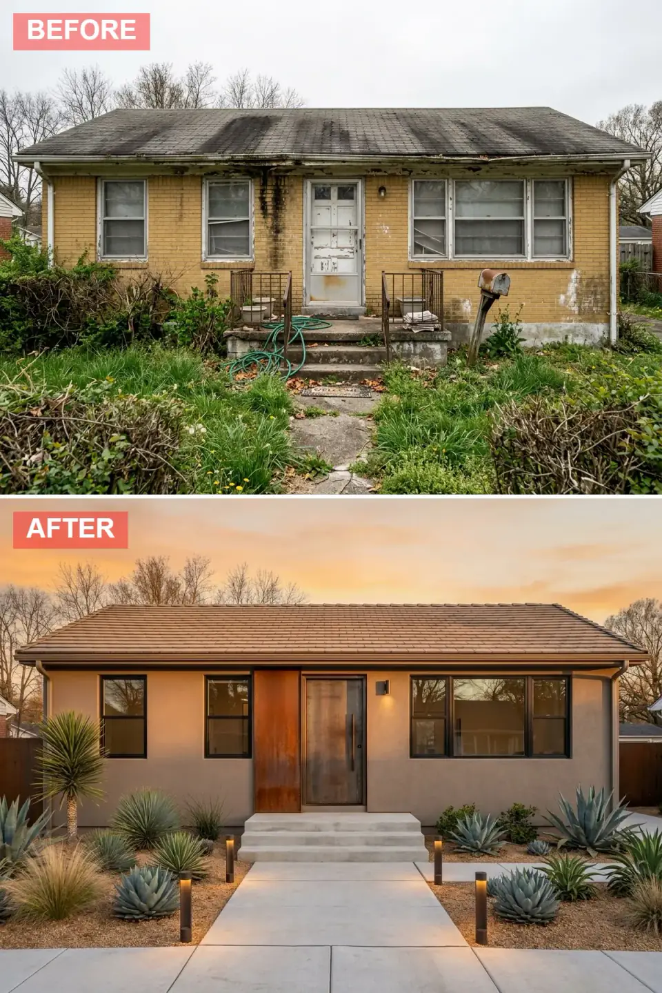 Ranch reimagined in warm taupe stucco with flat terracotta tile roof, black-framed glass, raw steel entry door with copper side panel, concrete steps and a xeriscape of agave and yucca in golden gravel at sunset