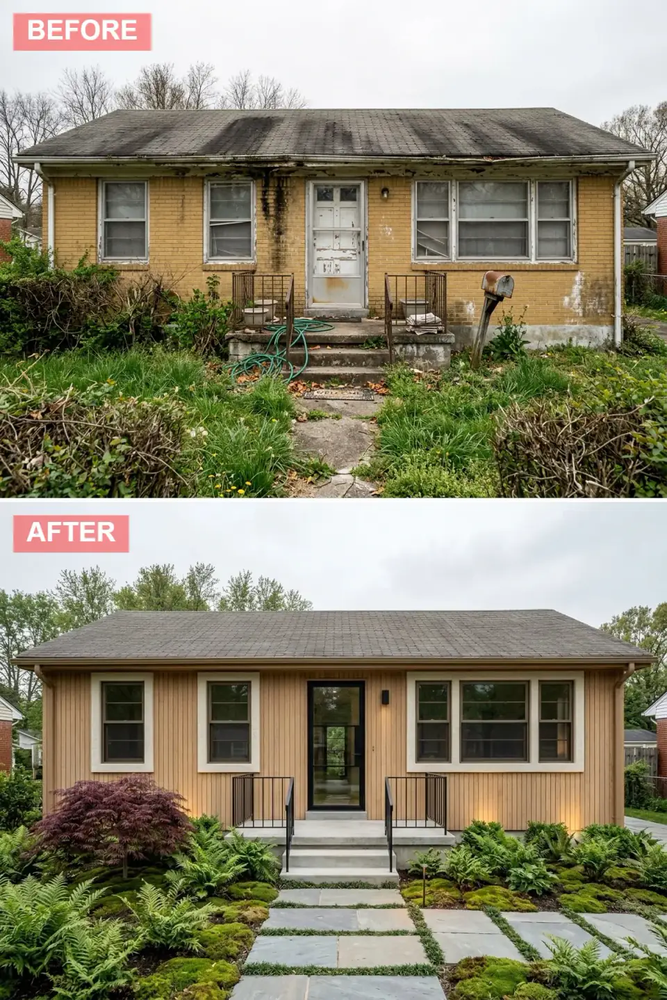 Ranch wrapped in vertical natural cedar siding with white trim, dark bronze windows and a black-framed glass door, surrounded by moss, ferns and a Japanese maple with a bluestone path set in moss joints