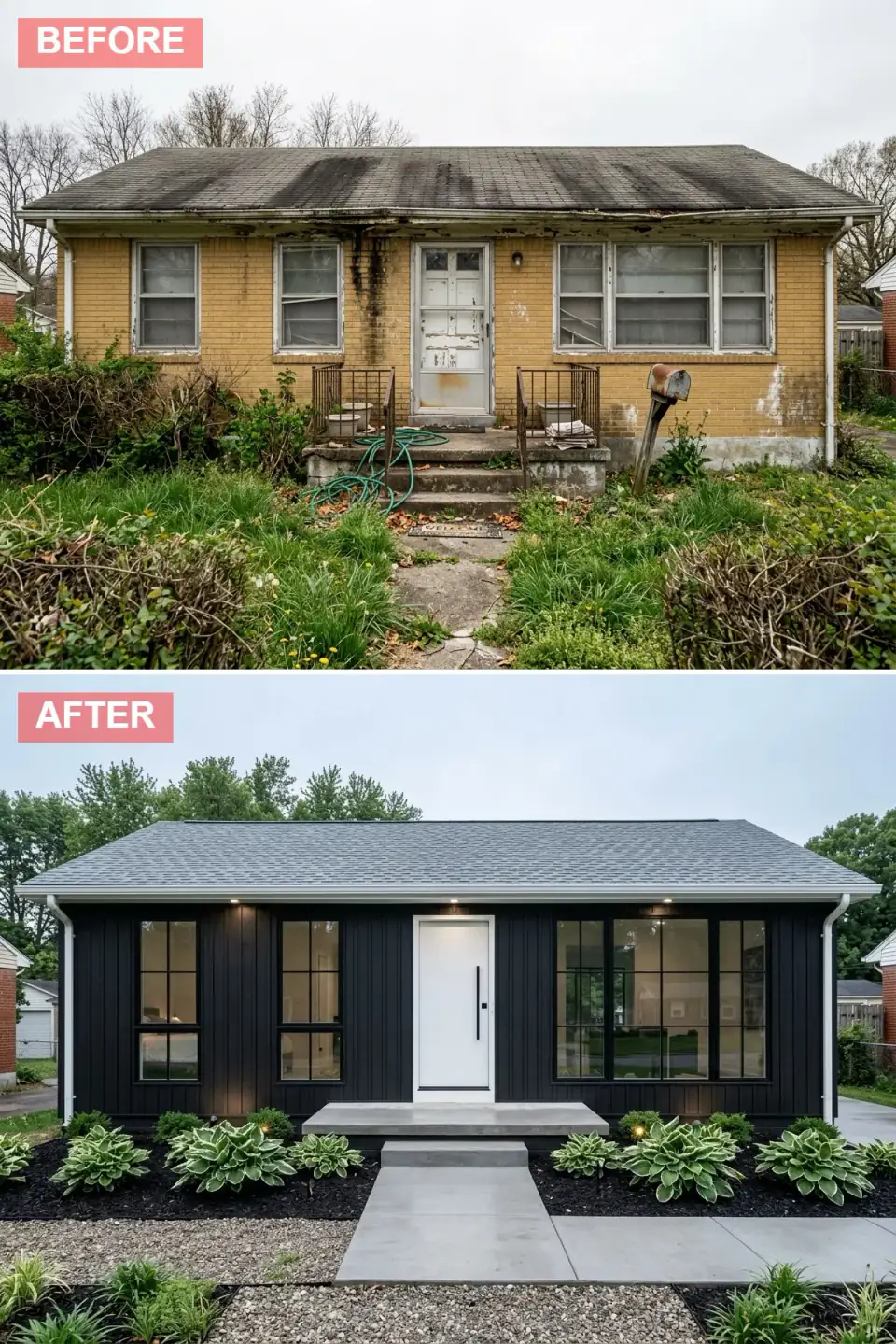 Ranch clad entirely in charcoal black vertical siding with grey shingle roof, black grid windows and a single bright white front door, dark mulch beds with variegated hostas, concrete slab steps and river stone bands