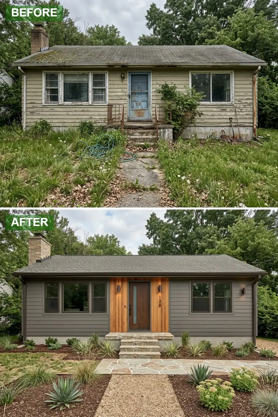 Small cottage re-clad in charcoal horizontal lap siding with a vertical cedar accent wall framing a walnut entry door, black-framed windows, and a flagstone landing with agave and grasses