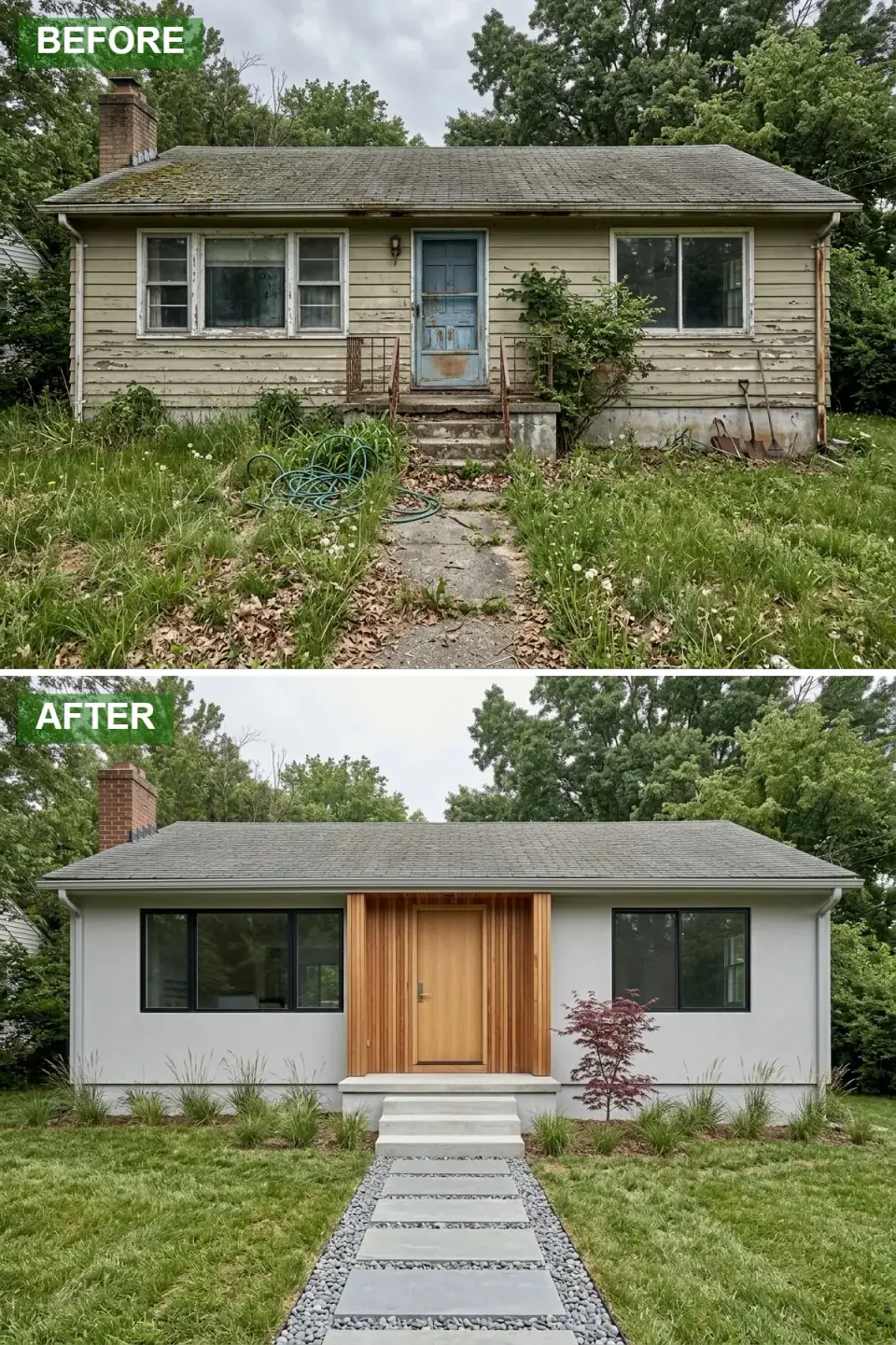 Cottage refaced in smooth white paneling with thin black window frames, a pale wood slab door in a light cedar surround, large gray pavers edged in pebbles, and a sculptural Japanese maple