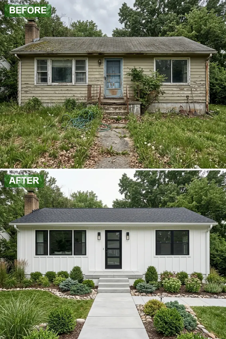 Cottage clad in white board-and-batten with black roof shingles, a black glass-paneled door, black sconces and window frames, and manicured beds of hydrangeas and boxwood along a gray paver walk
