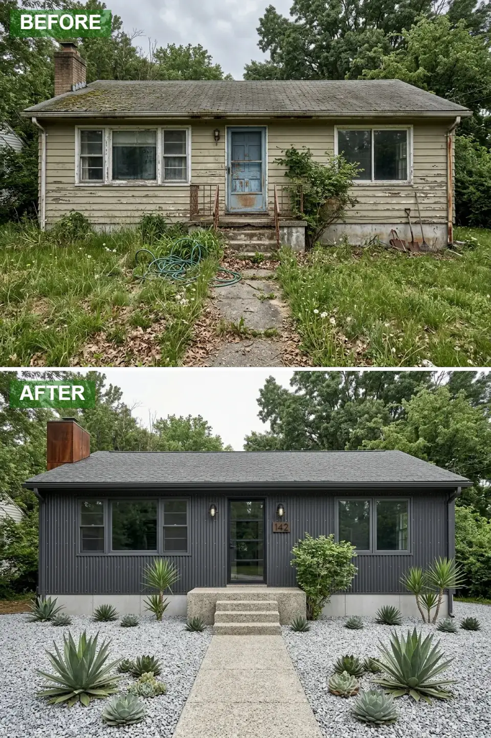 Cottage wrapped in dark corrugated metal panels with a matte black roof, a Corten steel chimney, a black-framed industrial glass door, cage sconces, and a pale gravel xeriscape with agave