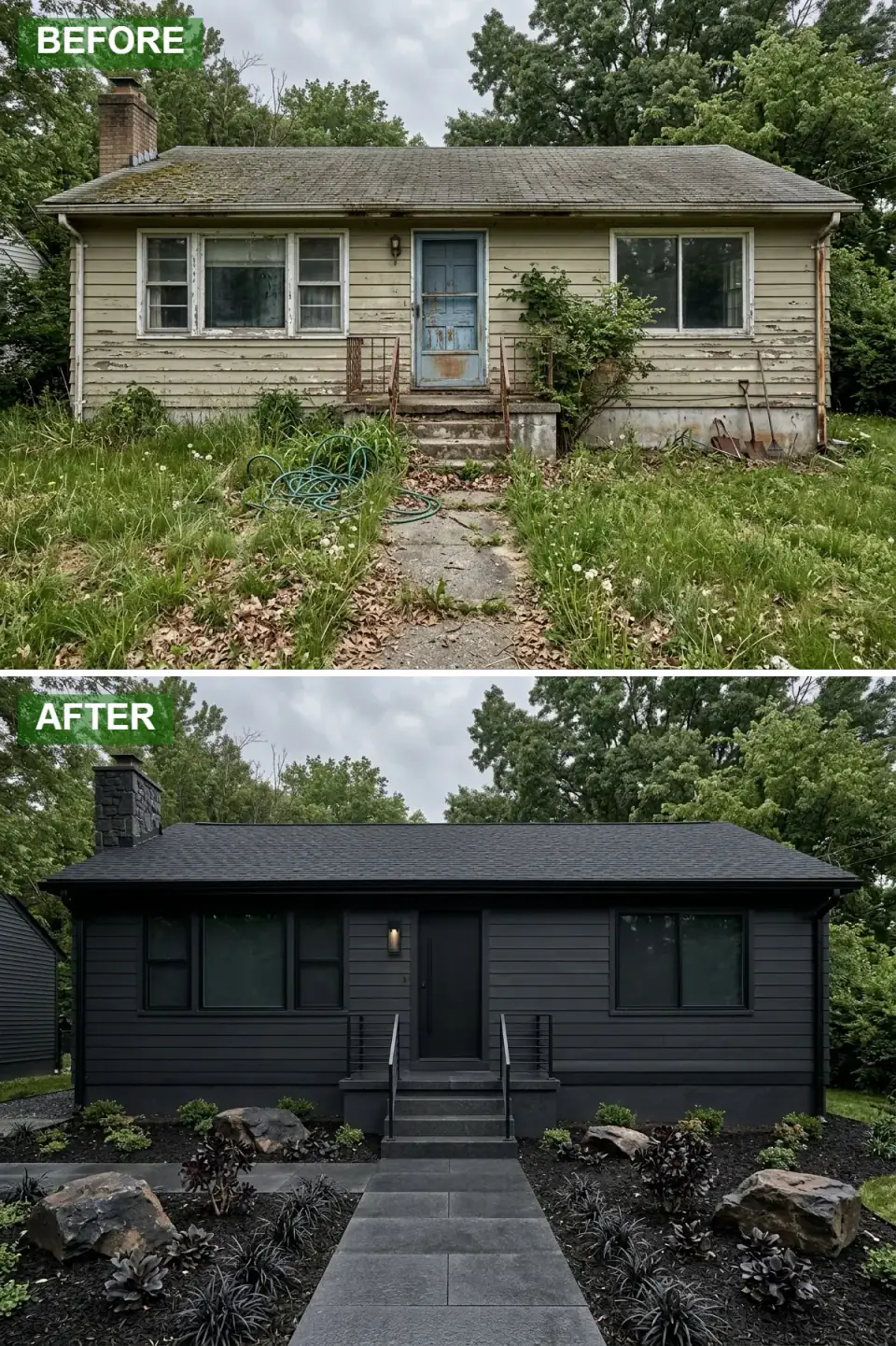 Cottage coated entirely in deep matte black across siding, roof, trim, and door, with horizontal black railings, a narrow LED sconce, black mulch beds with dark heuchera and boulders, and dark gray pavers