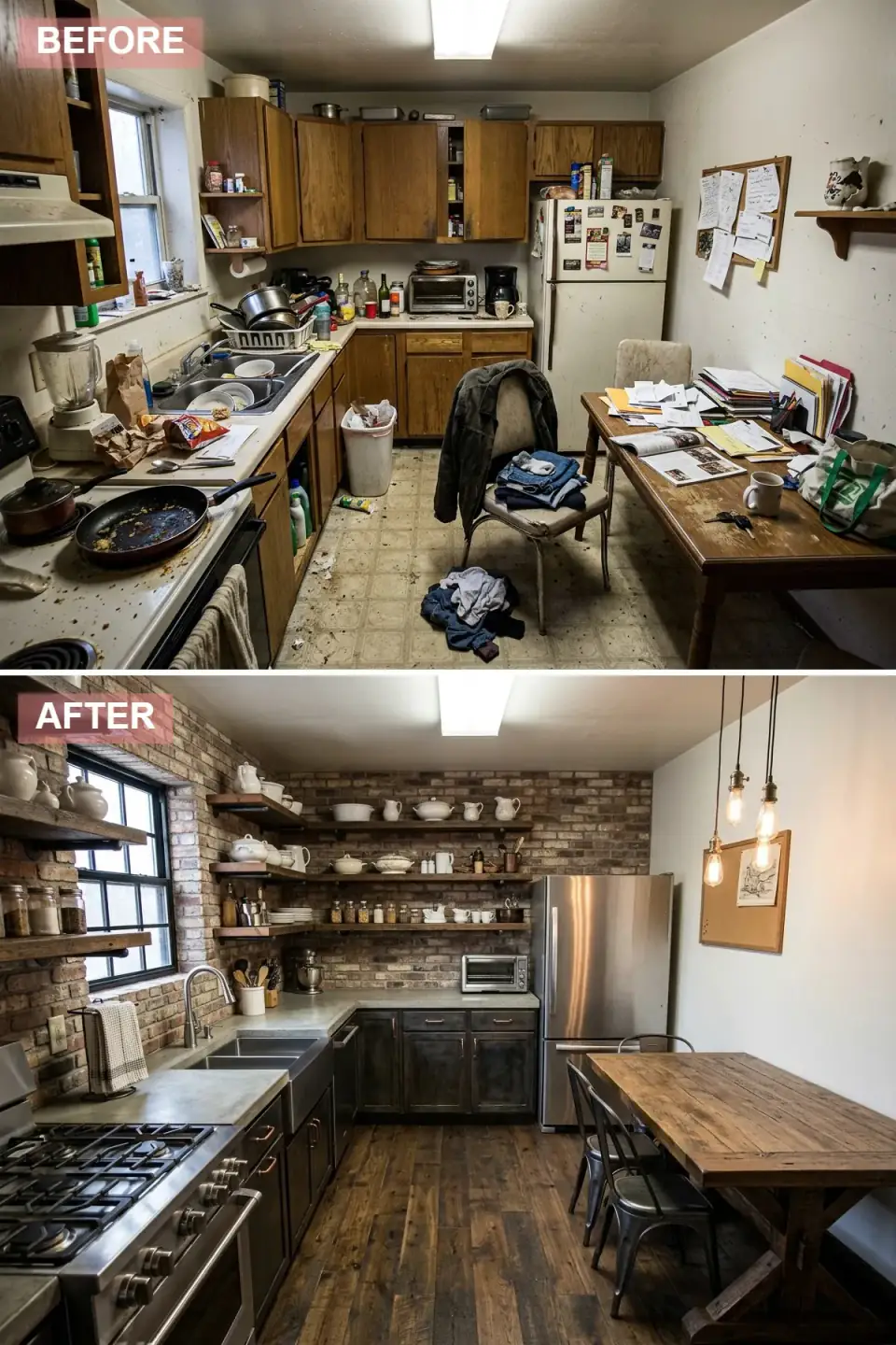 Industrial rustic kitchen renovation with a full red exposed-brick accent wall, distressed matte-black metal slab lower cabinets with no upper cabinets, hand-troweled concrete countertops, open reclaimed-oak shelves on iron-pipe brackets, distressed wide-plank reclaimed-pine flooring, a heavy rustic walnut trestle dining table with welded steel pipe-frame chairs, and a cluster of three exposed Edison-bulb pendants with vintage black cloth cord
