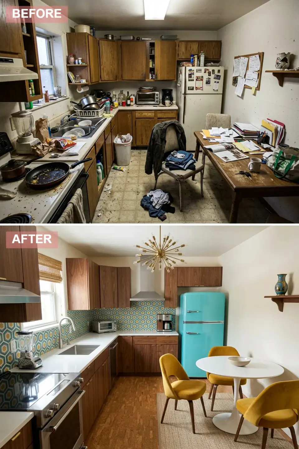 Mid-Century Modern kitchen renovation with rich walnut flat-panel cabinets with circular brass pulls, crisp white quartz countertops, a bold teal-and-gold geometric ceramic tile backsplash, a retro-style turquoise Smeg FAB28 refrigerator, soft cork flooring, a brass Sputnik chandelier above a white Saarinen-style tulip pedestal table with mustard-yellow velvet upholstered chairs