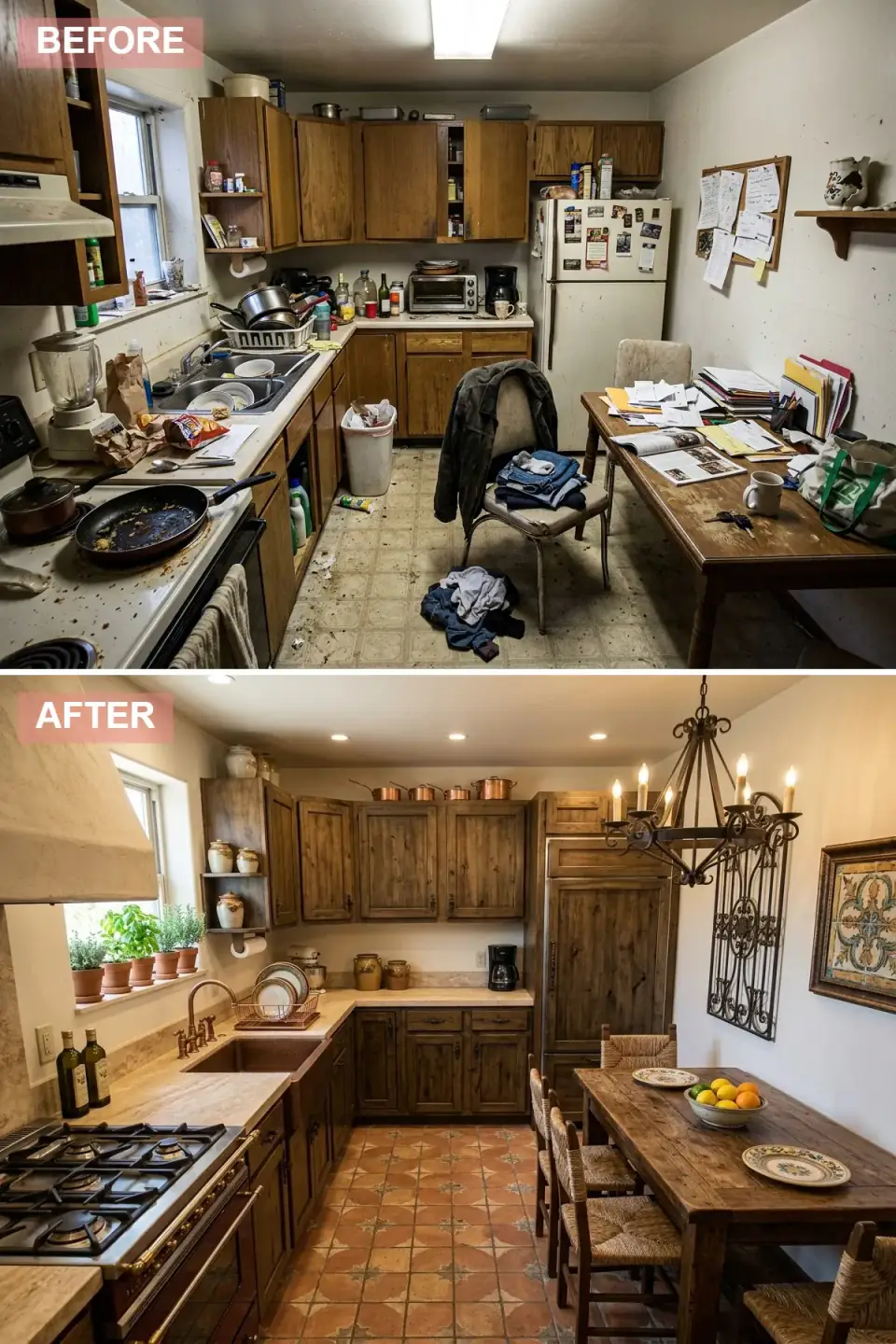 Old World Tuscan Mediterranean kitchen renovation with rustic deep walnut distressed wood cabinets, a hand-troweled cream plaster range hood with arched detail, glazed handpainted ceramic tile countertops, a hammered copper farmhouse apron-front sink with a bridge-style faucet, decorative terracotta tile flooring with patterned inlays, a heavy wrought iron multi-arm chandelier over a substantial reclaimed walnut trestle table with rush-seat ladderback chairs