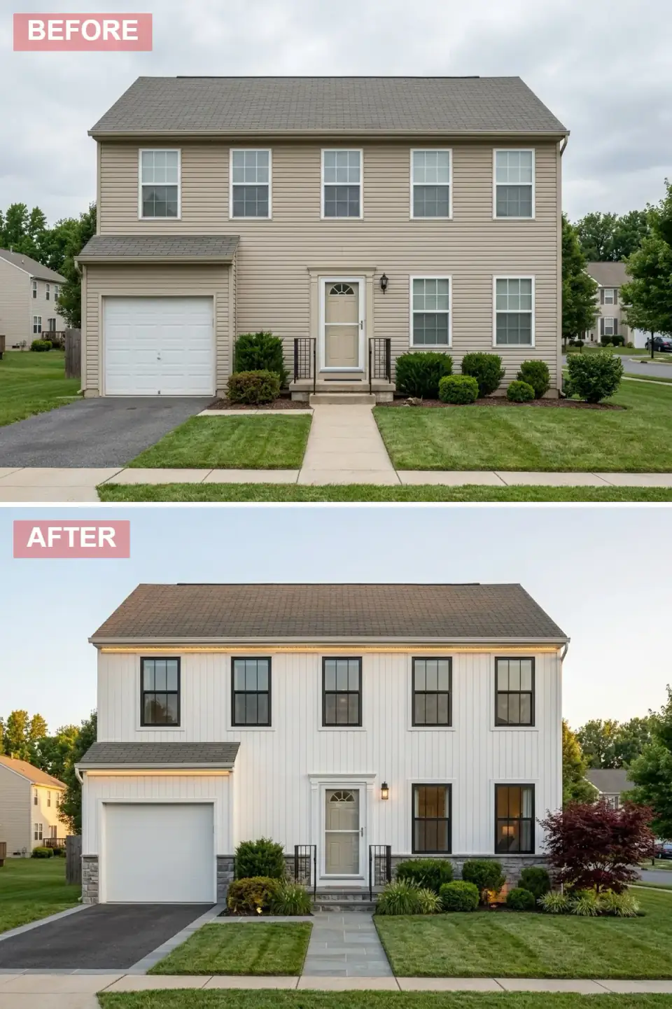 Modern farmhouse exterior with vertical white James Hardie board-and-batten siding, charcoal Marvin window frames, natural stone veneer water table, and a sculptural Japanese maple anchoring the front yard