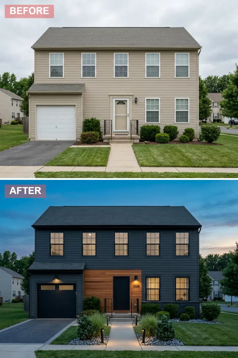 Charcoal black exterior renovation with horizontal siding, a horizontal cedar accent wall at the front entry, frosted-glass paneled garage door, ledgestone foundation, and warm landscape uplighting