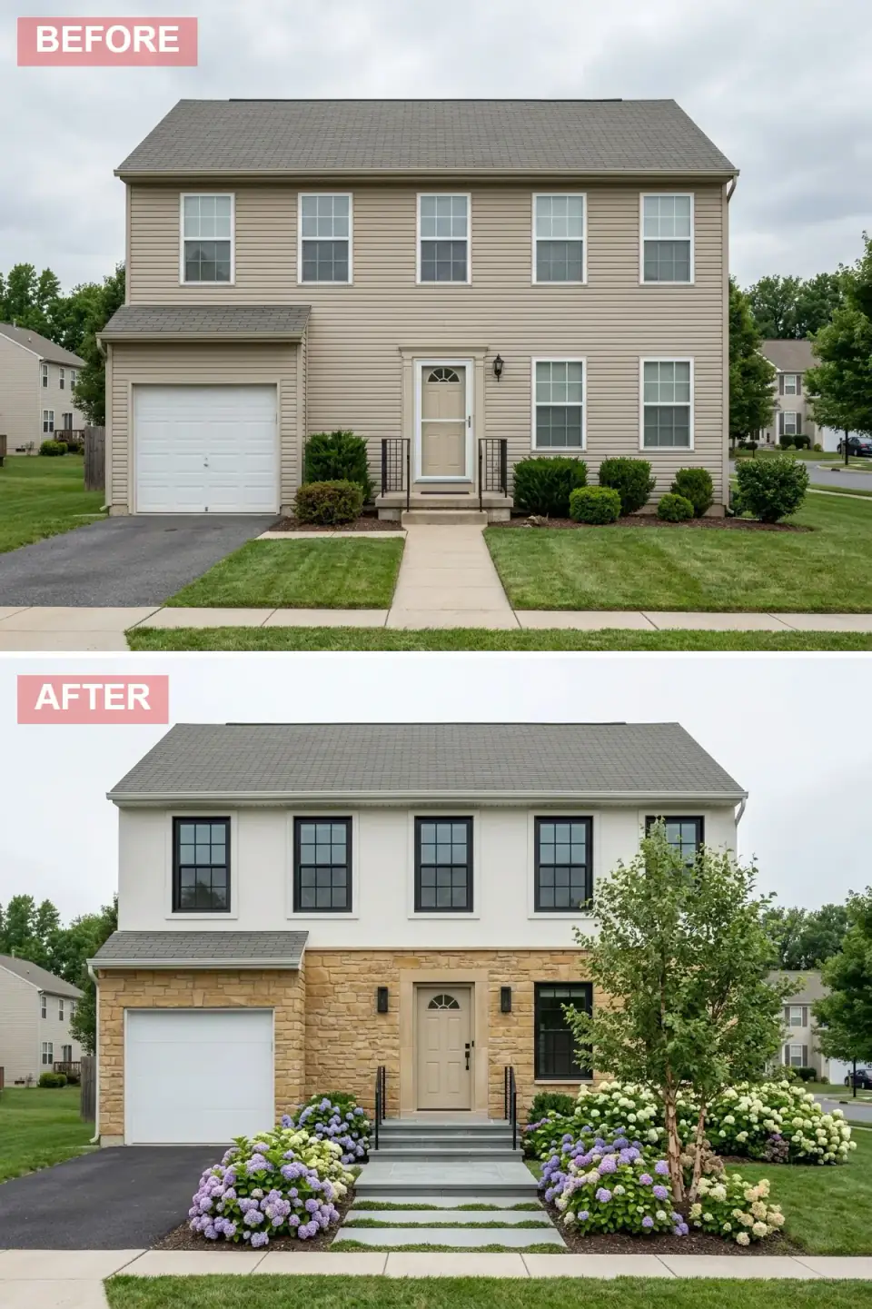 French country cottage exterior with buttery cream stucco upper walls, honey sandstone veneer lower walls, bluestone tiered staircase, and massed hydrangea beds in lavender and white