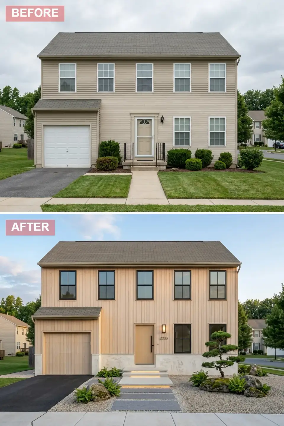 Japandi minimalist exterior with pale cedar-toned vertical siding, white stone wainscot, flush black garage door, floating concrete entry steps with integrated lighting, and a raked gravel garden with a single architectural pine