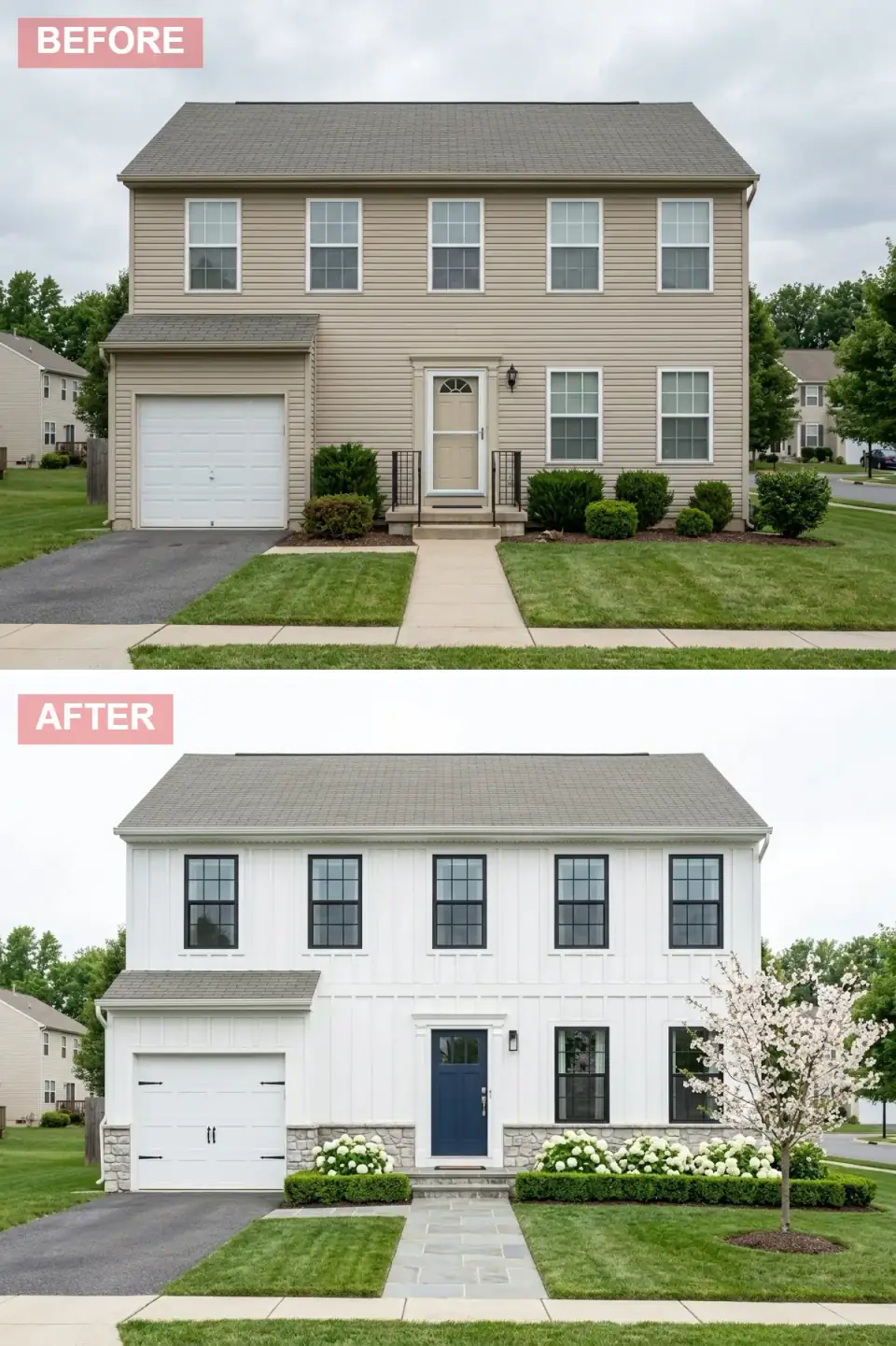 Coastal farmhouse exterior with crisp white clapboard siding, cross-buck board-and-batten accent panels, cool gray ledgestone water table, deep navy front door, matte black carriage-house garage hardware, and boxwood hedges flanking a bluestone walkway