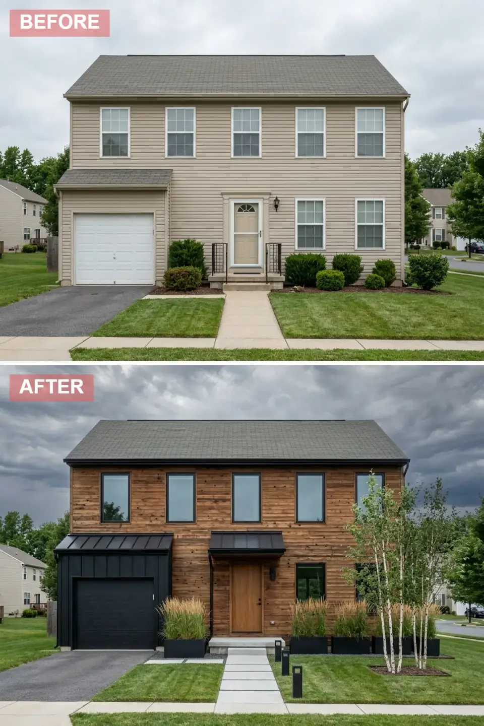 Modern lodge-style exterior with horizontal cedar shiplap siding in a natural stain, black standing-seam metal awnings, large grilles-free windows in black frames, paper birch trees, black planters with tall ornamental grasses, and staggered concrete pavers leading to the entry