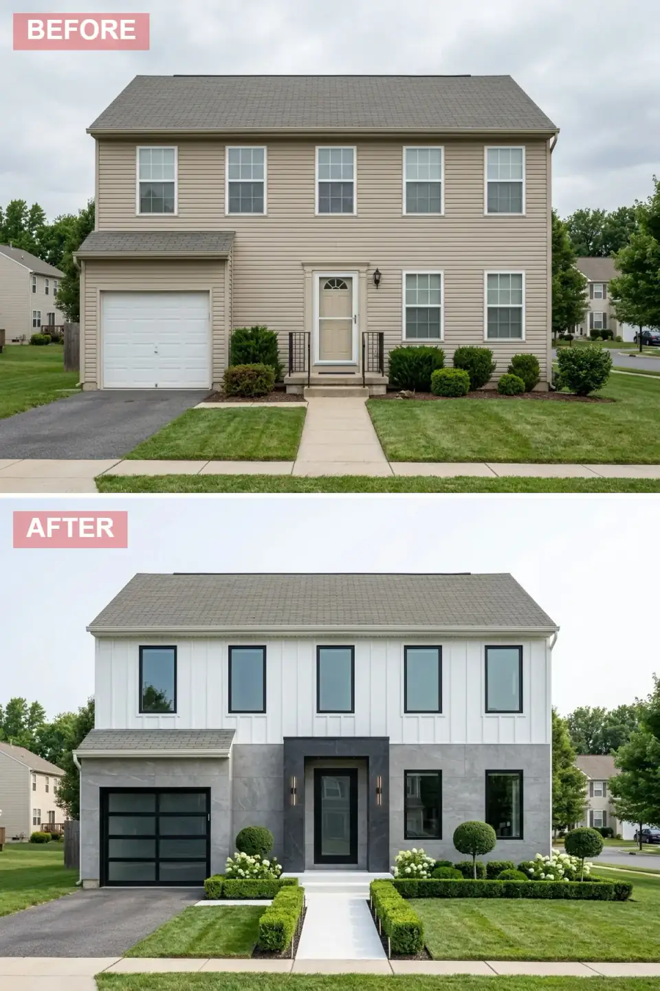 Contemporary luxury exterior with two-story white vertical board-and-batten upper walls, large-format gray marble-look stone veneer at ground level, recessed entry portal flanked by tall black sconces, black aluminum-and-frosted-glass garage door, and symmetrical clipped boxwood parterres