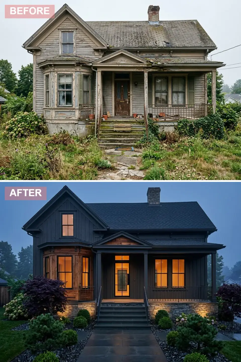Midnight modern farmhouse exterior transformation with deep charcoal board-and-batten siding, warm vertical wood slat bay window, dark shingle roof, stone veneer foundation, bluestone walkway, integrated uplighting, and black-framed windows glowing at dusk.