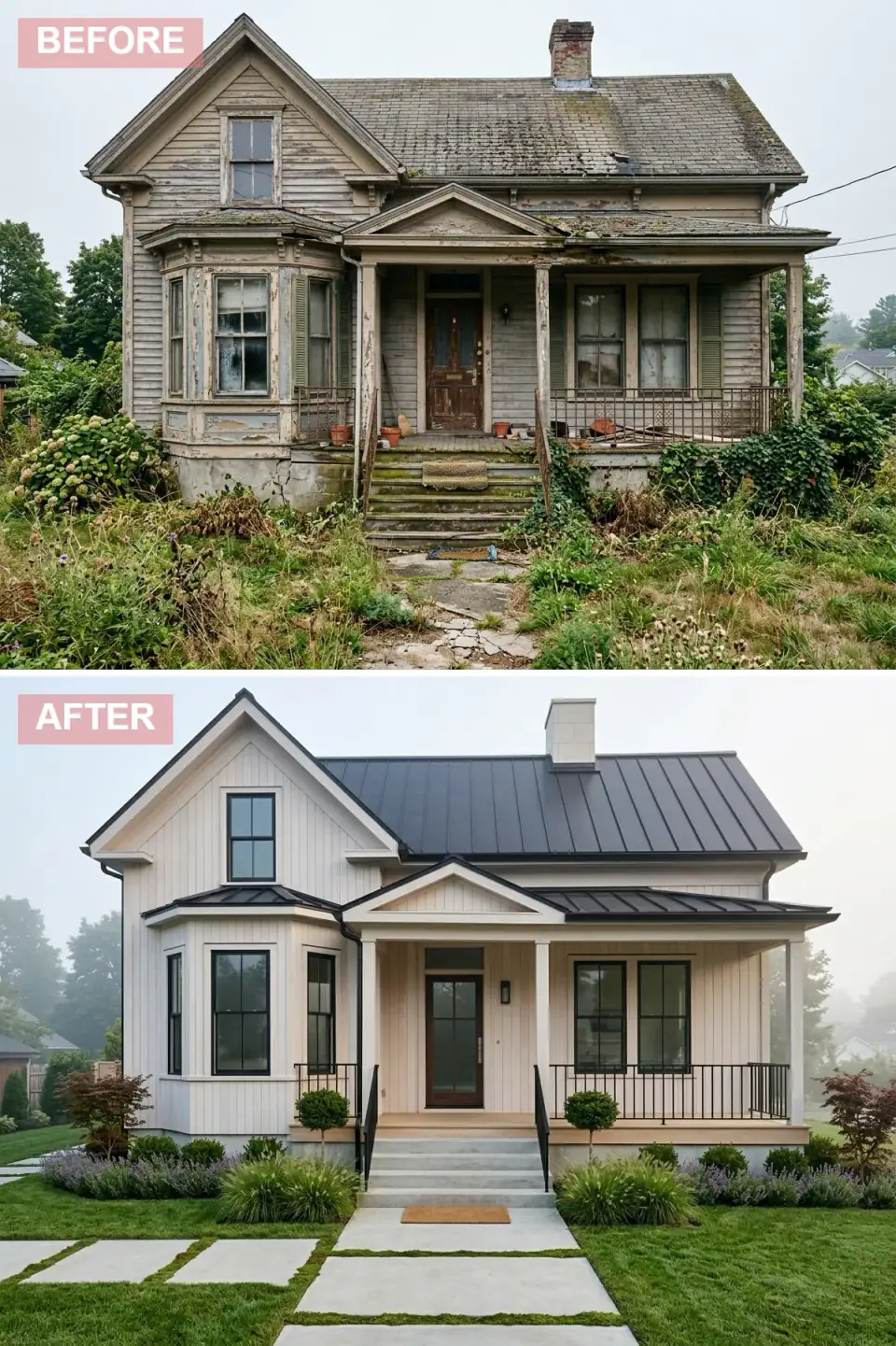 Foggy morning farmhouse with pale linen board-and-batten siding, charcoal standing-seam metal roof, large black-framed windows, floating concrete stoop with poured concrete and grass-joint walkway, lavender drifts, boxwood spheres, and slim black iron railings.
