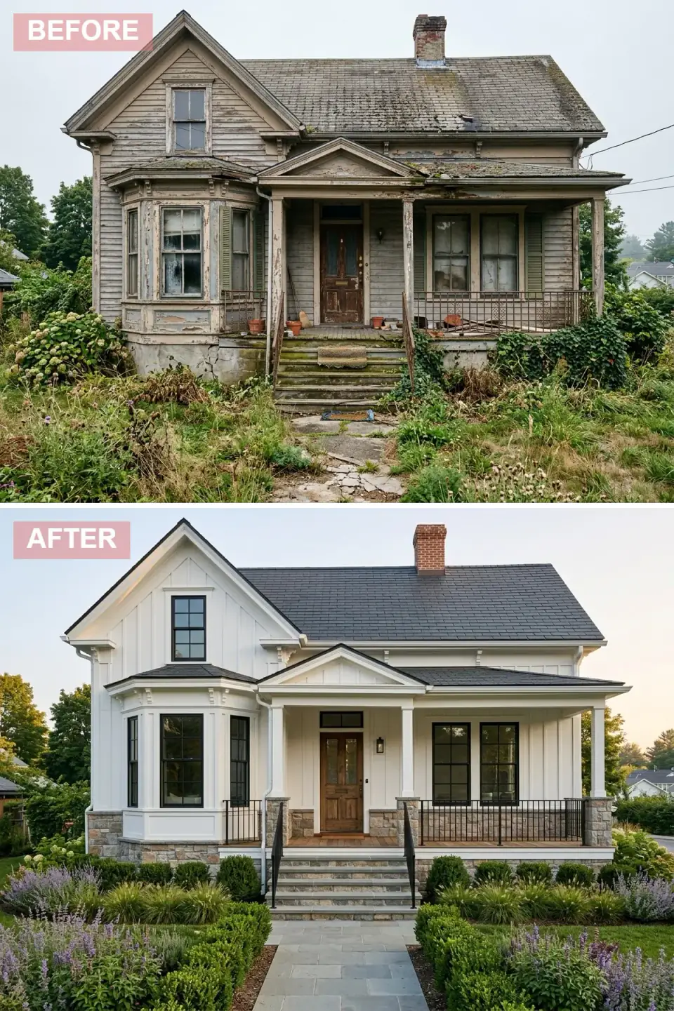 Heritage stone revival exterior with brilliant white clapboard, dark grey architectural shingle roof, mixed-stone veneer foundation and porch base, walnut-stained front door, black iron railings, manicured boxwoods, purple catmint drifts, and a repointed red brick chimney.