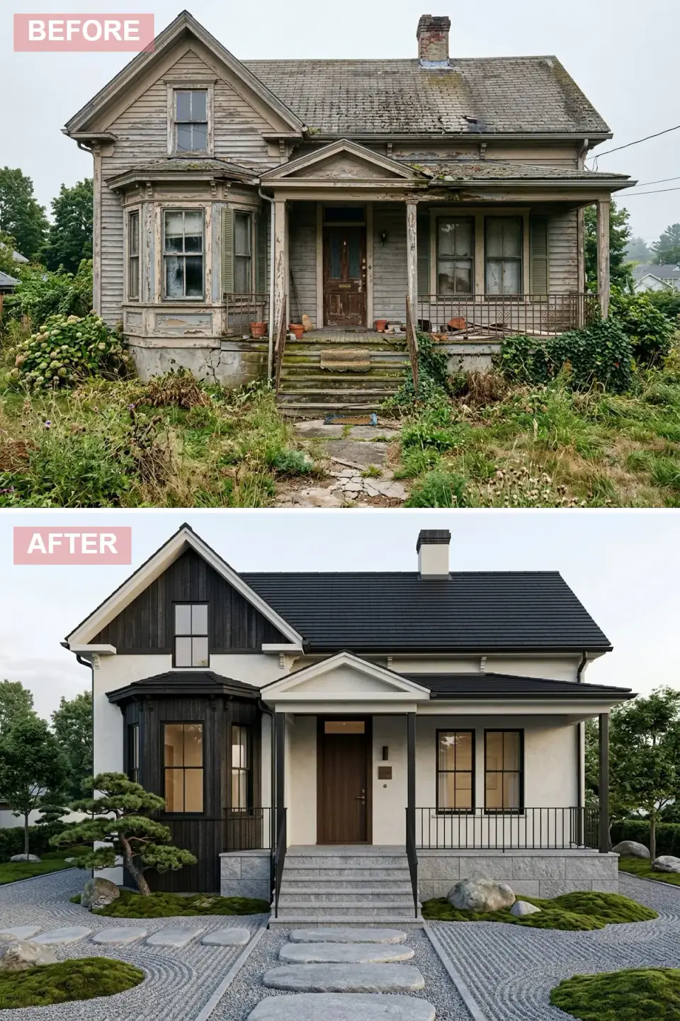 Japanese-minimalist exterior renovation with pale stucco and shou sugi ban charred-wood siding, dark standing-seam metal roof, granite porch base, walnut entry door, raked grey gravel karesansui-style garden, moss mounds, trained pine, and boulder groupings.