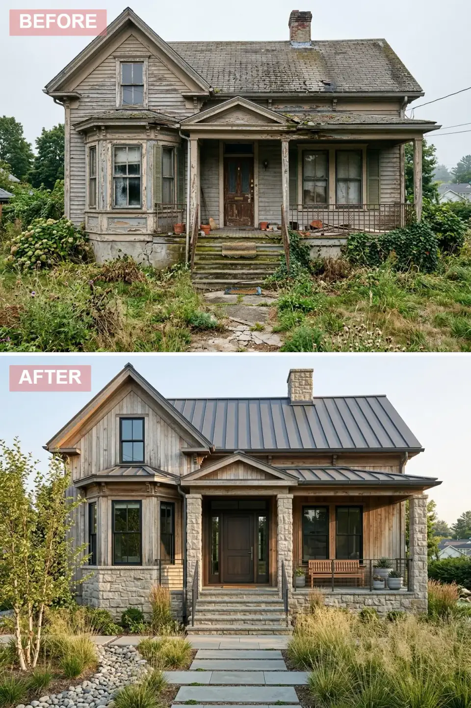 Rustic mountain lodge renovation with weathered natural cedar siding, burnished bronze standing-seam metal roof, rough-cut ashlar stone foundation and porch columns, deep shaded porch, ornamental grasses, river birch, river stones, bluestone pavers in pea gravel, and dark steel grid railings.