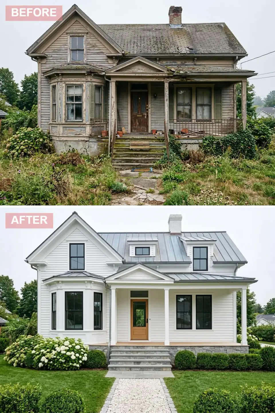Colonial revival exterior with two symmetrical dormers added to the roofline, crisp white clapboard siding, silver-toned pewter standing-seam metal roof, cool grey fieldstone foundation, natural oak front door with glass insert, gravel walkway with stone edging, manicured boxwoods, and large white hydrangea mounds.