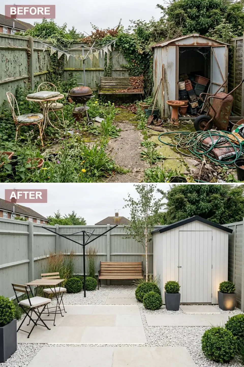 Scandi minimalist backyard sanctuary — pale grey-green painted timber fence panels replacing rotted boards, crisp white timber outbuilding with sharp black metal roofline, large-format warm ivory limestone pavers set on white pea gravel in geometric layout, compact light-wood bistro table with black folding chairs and cream cushions, matte charcoal planters with clipped boxwood topiary spheres, tall ornamental grasses, silver birch specimen tree, ground-level LED uplighting on shed base.
