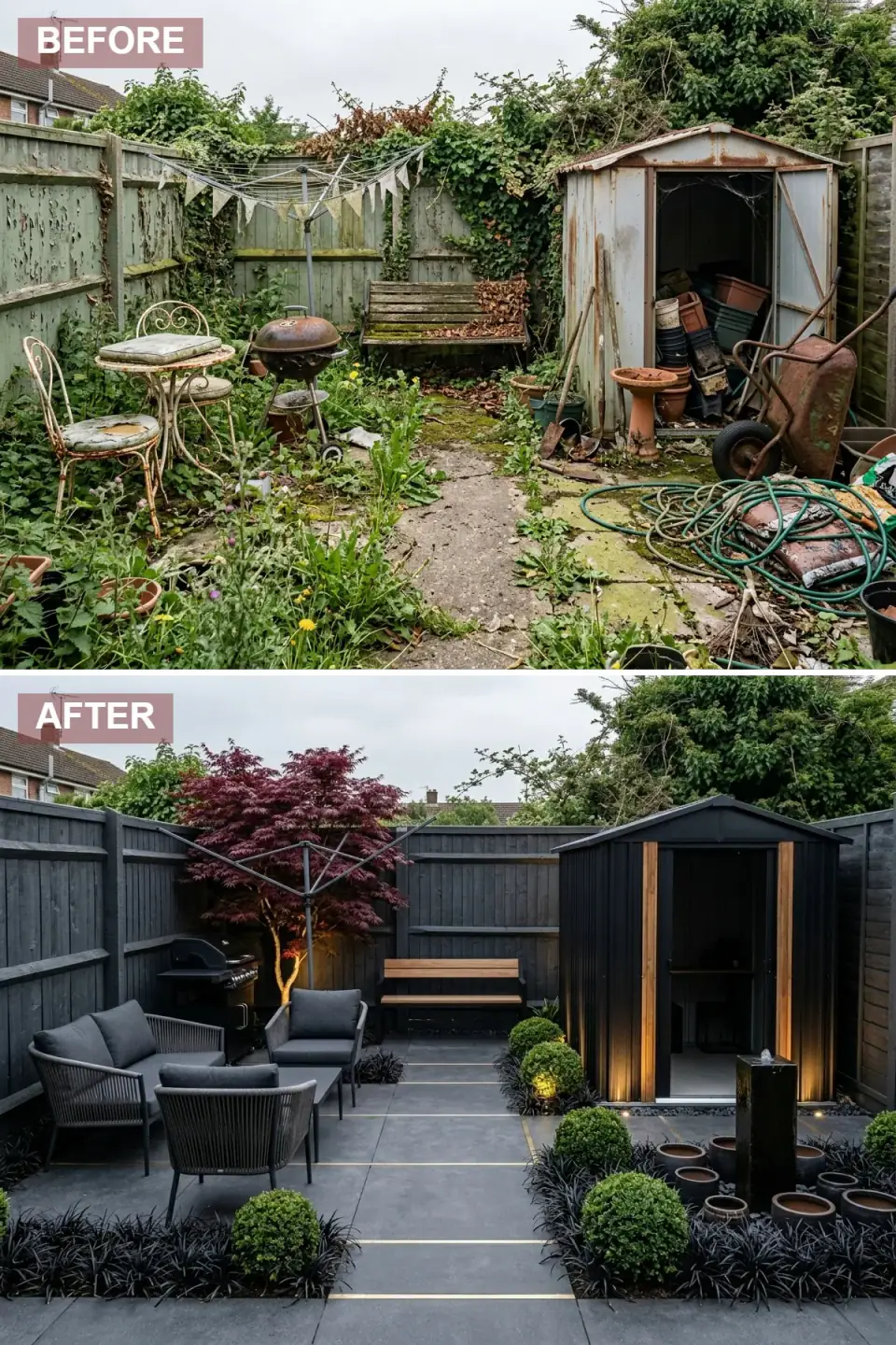 Moody modern backyard oasis — fence and shed unified in deep black stain with warm wood interior reveals glowing from the shed door, large-format dark grey porcelain pavers, linear brass LED strips between paver joints creating runway lighting, plush dark grey woven outdoor lounge set with thick cushions, sleek black granite water feature wall, statement Japanese maple uplit dramatically, clipped boxwood and black mondo grass beds, built-in black grill station, clustered terracotta bowls.