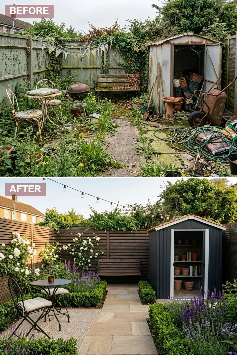 Romantic English cottage backyard — horizontal dark walnut-stained slatted fencing serving as backdrop for cascading white climbing roses, smart black timber outbuilding with white-trimmed open doorway revealing organized shelves, York sandstone pathway, restored dark timber bench, classic black wrought-iron bistro set with cream cushions on a natural fiber rug, lavender spires, white hydrangeas, manicured box hedges along walkways, festoon string lighting overhead.