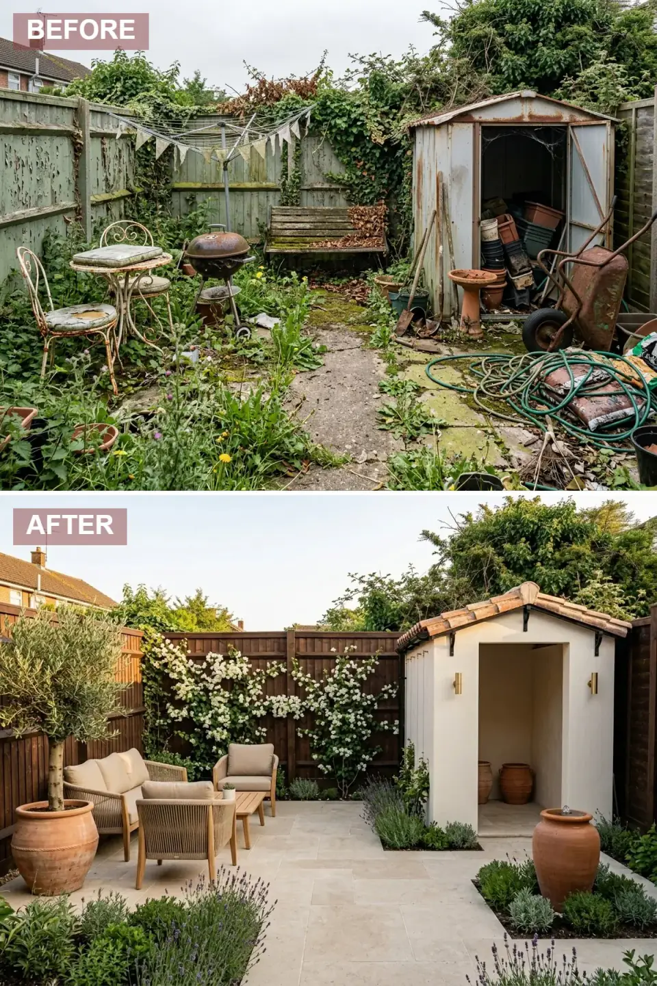 Sun-drenched Mediterranean courtyard backyard — dark umber-stained fence as backdrop for white star jasmine climbers, metal shed completely rebuilt as white-rendered casita with terracotta tile roof, arched opening and brass wall sconces, large-format cream limestone pavers, teak and woven rope lounge furniture with oatmeal cushions, massive terracotta urns with mature olive tree and bubbling water feature, lavender drifts, silver-green herb foundation planting.