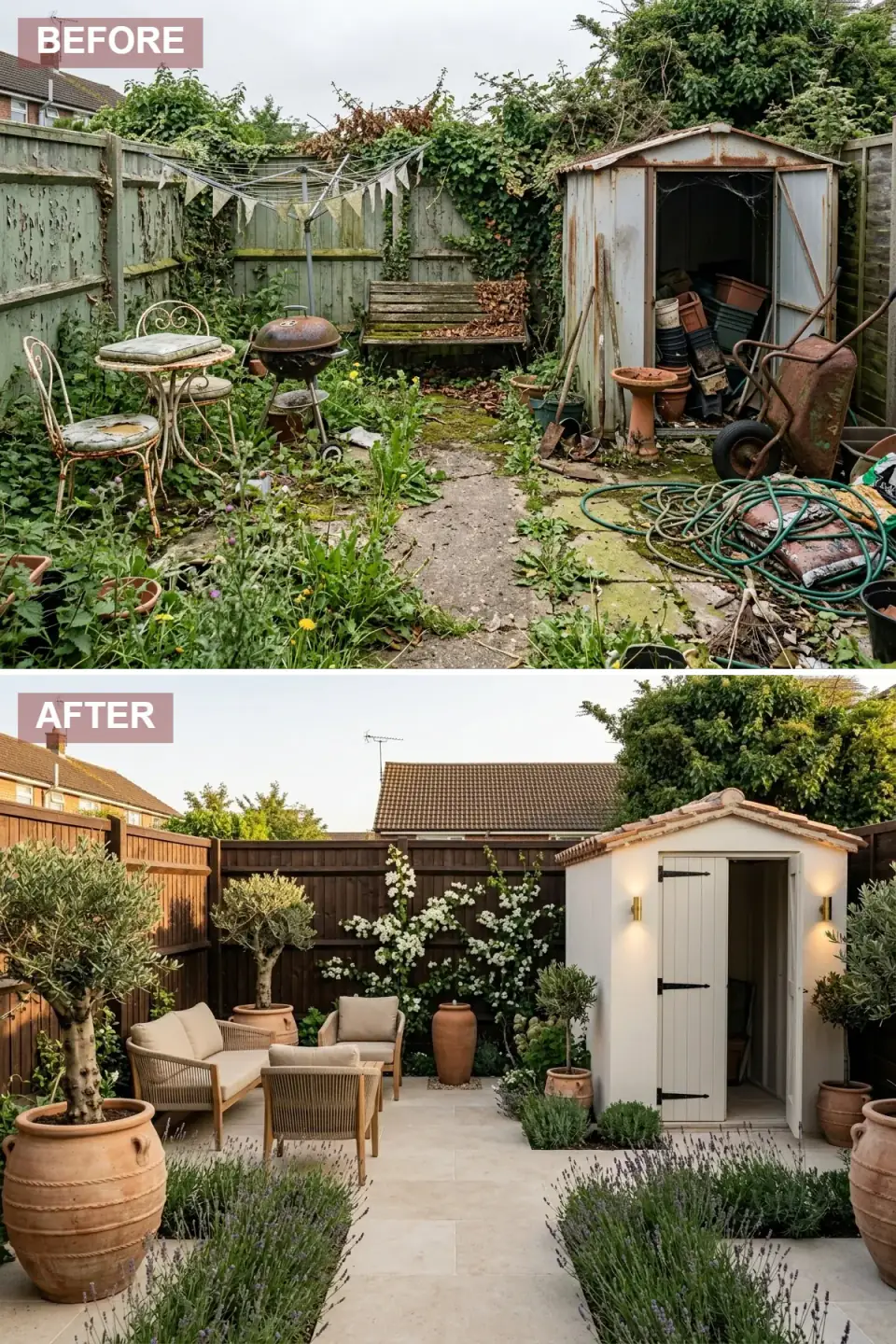 Tuscan terrace revival — refined symmetrical layout with white-rendered shed featuring black iron strap hardware and partially open door revealing terracotta vessels, dark-stained fence with cascading white jasmine, wide pale limestone pavers, woven rope and teak outdoor sofa set with plush sand-colored cushions, multiple ancient-looking olive trees in giant terracotta pots, lavender rows edging the paving, sand-washed elegant artisanal palette.