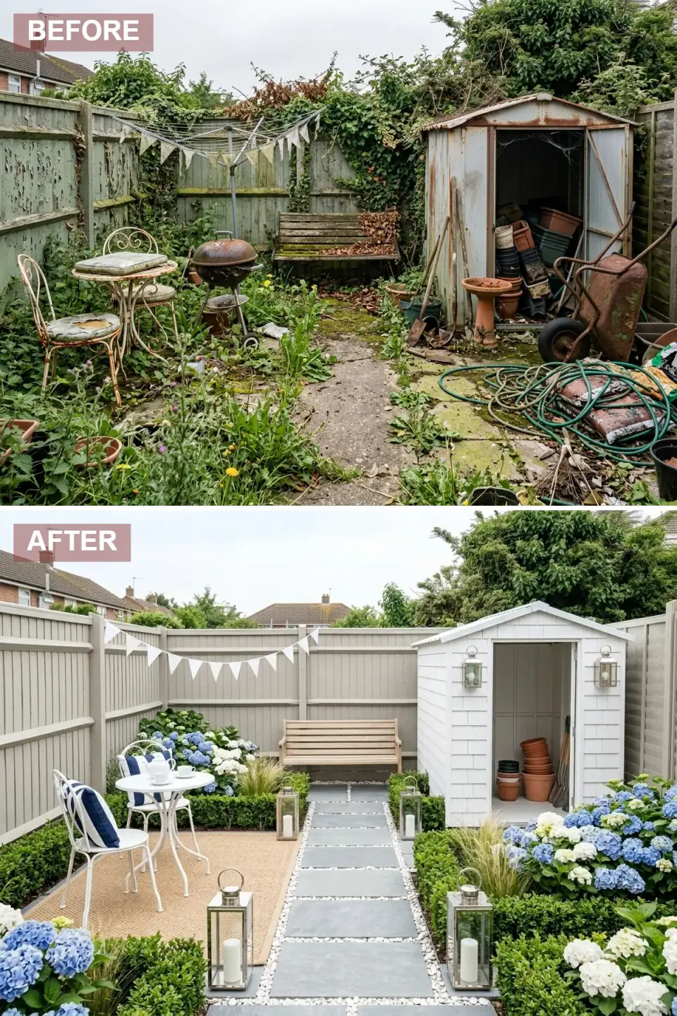 Coastal cottage backyard transformation — warm greige painted fence, crisp white clapboard shed with grey roof and black lantern wall sconces, straight central axial pathway of slate-grey pavers bordered in white pebbles, white metal bistro set with navy-and-white striped cushions on natural woven rug, abundant blue and white hydrangeas, clipped boxwood balls, ornamental grasses flanking walkway, nautical white pennant bunting, galvanized steel lanterns with pillar candles.
