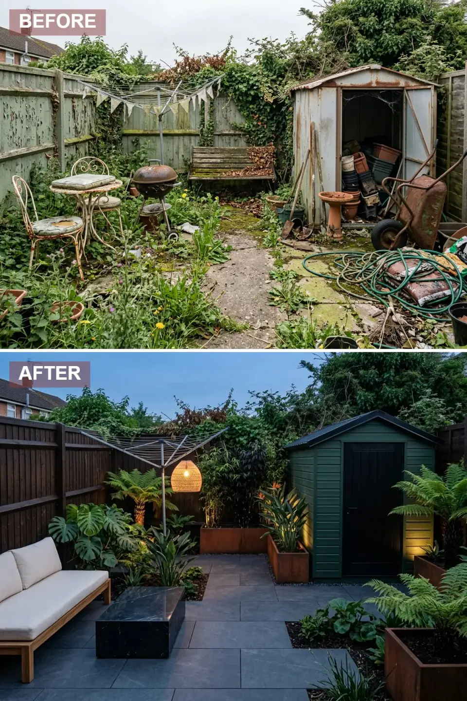 Tropical twilight backyard haven — fence and shed cloaked in deep forest green and matte black, dramatic planting of monstera, tree ferns, bird of paradise, cascading ferns in rusted Corten steel planters, large dark grey porcelain pavers, low-profile teak daybed with extra-thick white mattress, monolithic black marble coffee table, woven rattan pendant light suspended from repurposed rotary clothesline pole, theatrical foliage uplighting.