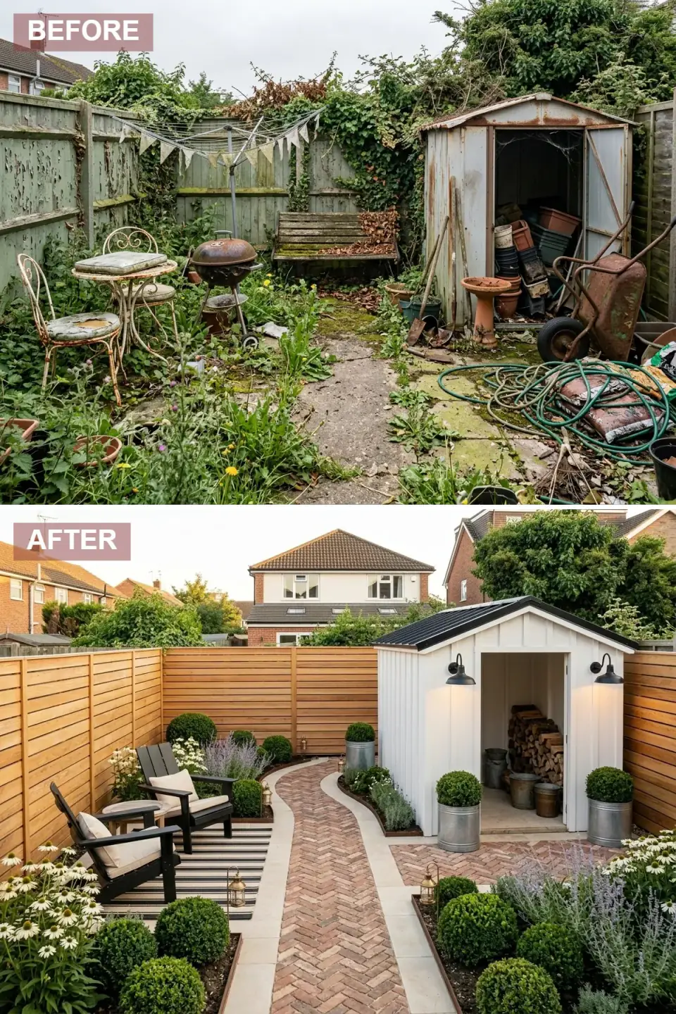 Modern farmhouse backyard pathway — warm honey-cedar horizontal slat fence wrapping the perimeter, white board-and-batten shed with black gable roof and black barn-style sconces, curving herringbone red-orange brick pathway edged in pale stone, two black Adirondack chairs with cream cushions on striped outdoor rug, galvanized steel planters with clipped boxwood spheres, white daisies, catmint, lavender along edges, brass lanterns.