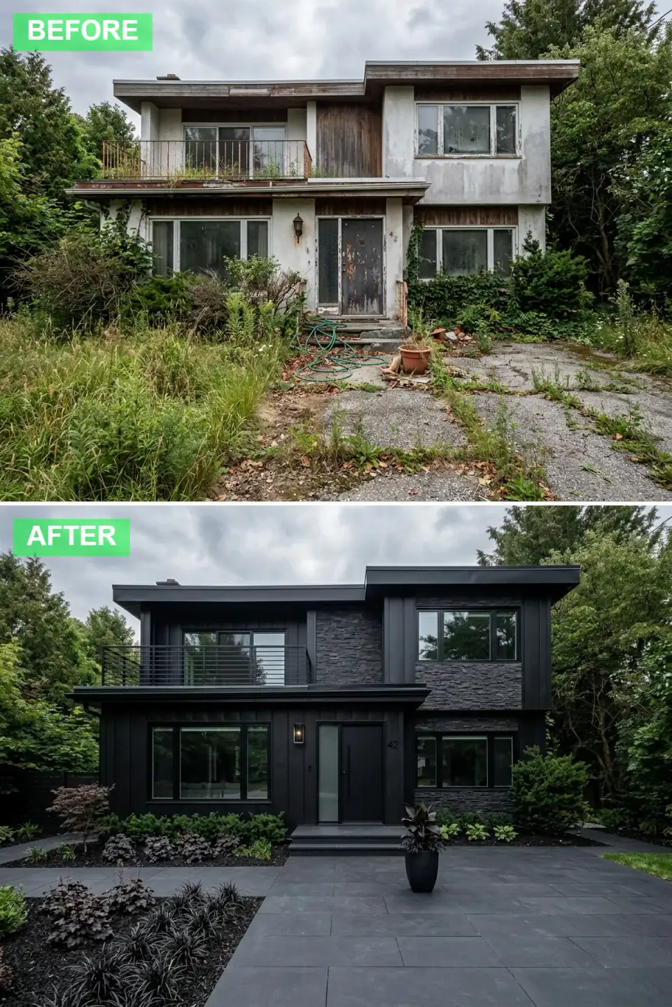 Forgotten facade reborn as a charcoal-on-black monolith with matte black cladding, dark stacked-stone veneer, horizontal steel balustrade, and inky-purple foliage beds